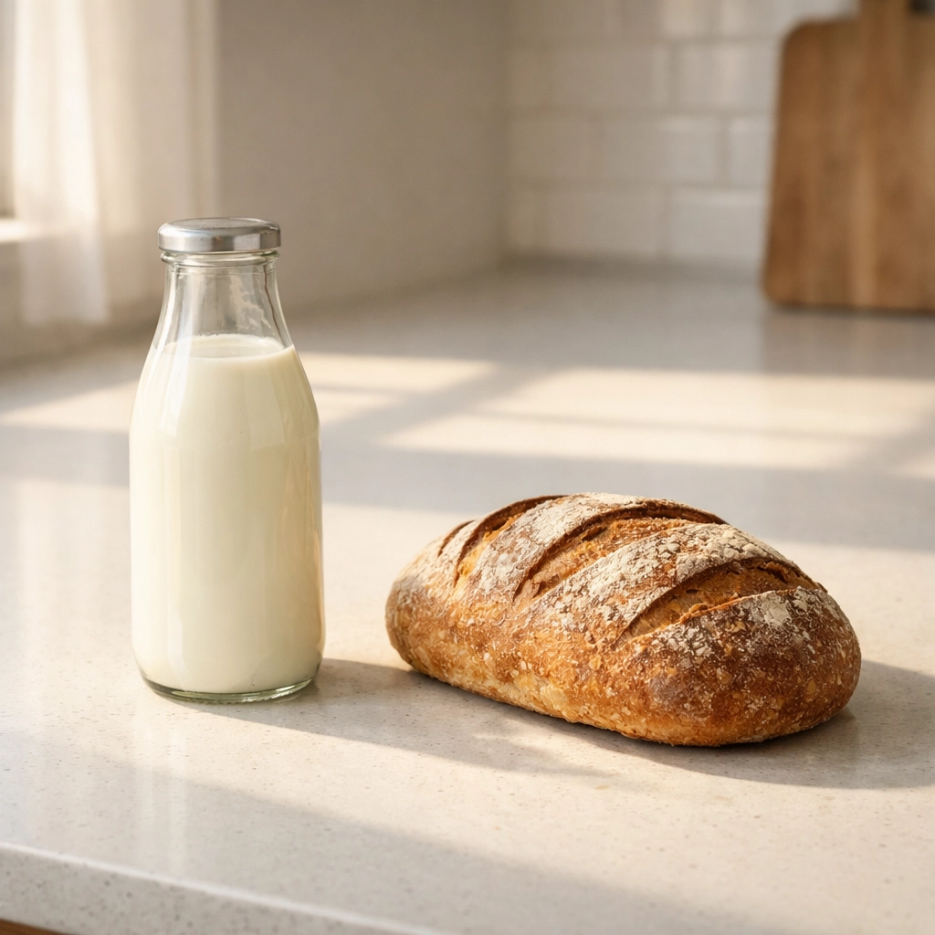 Fresh bread and milk in a sunny kitchen representing inflation and the rising cost of living.