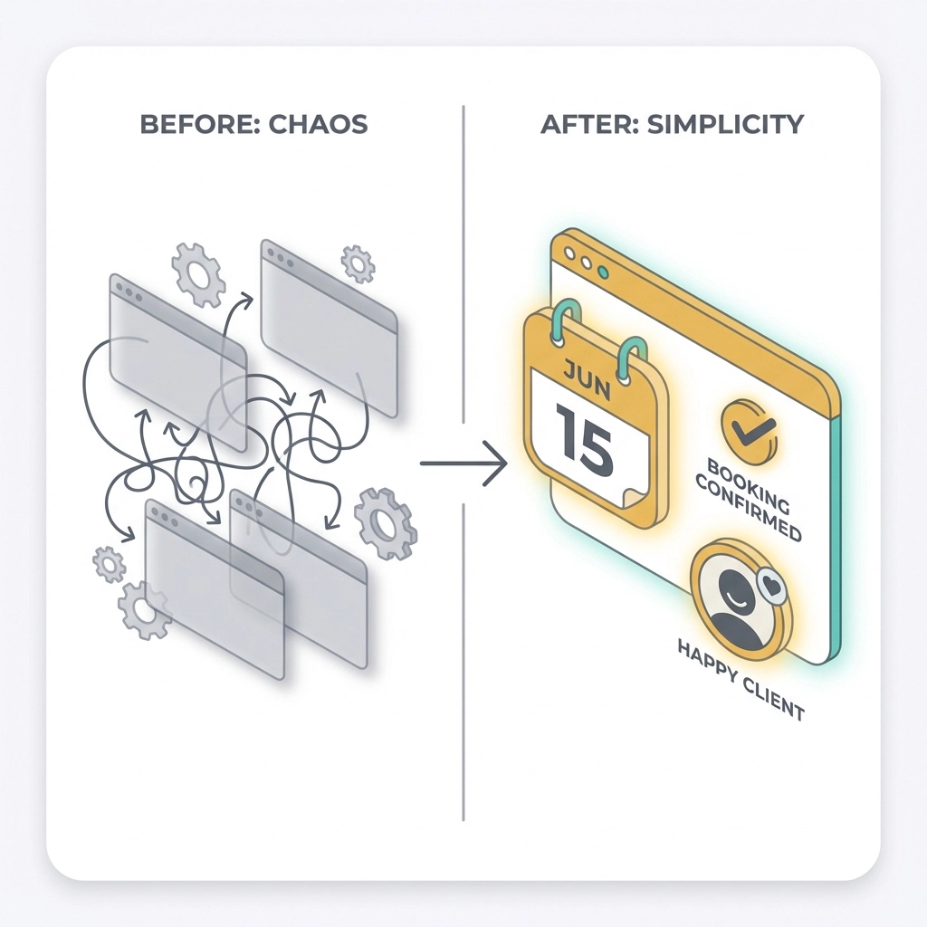 Side-by-side comparison of a cluttered WordPress setup versus a simple, organized Kejoola dashboard.