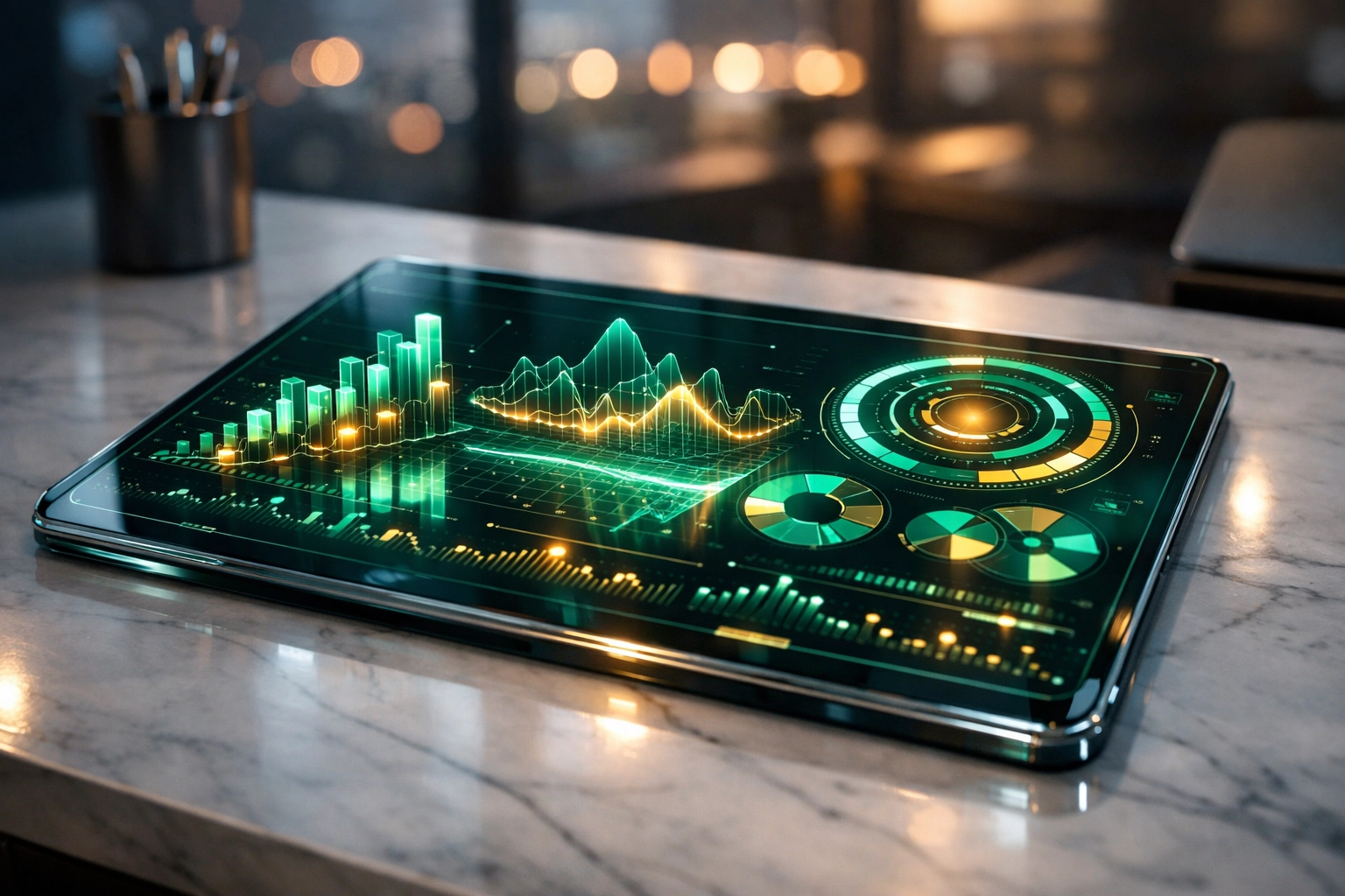 Advanced AI analytics dashboard on a tablet showing predictive lead scoring and conversion probability charts.