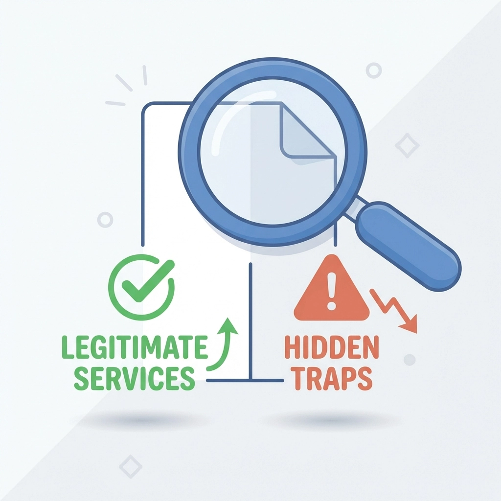 Magnifying glass over document with checkmark and caution symbol, representing safe vs risky virtual address choices.