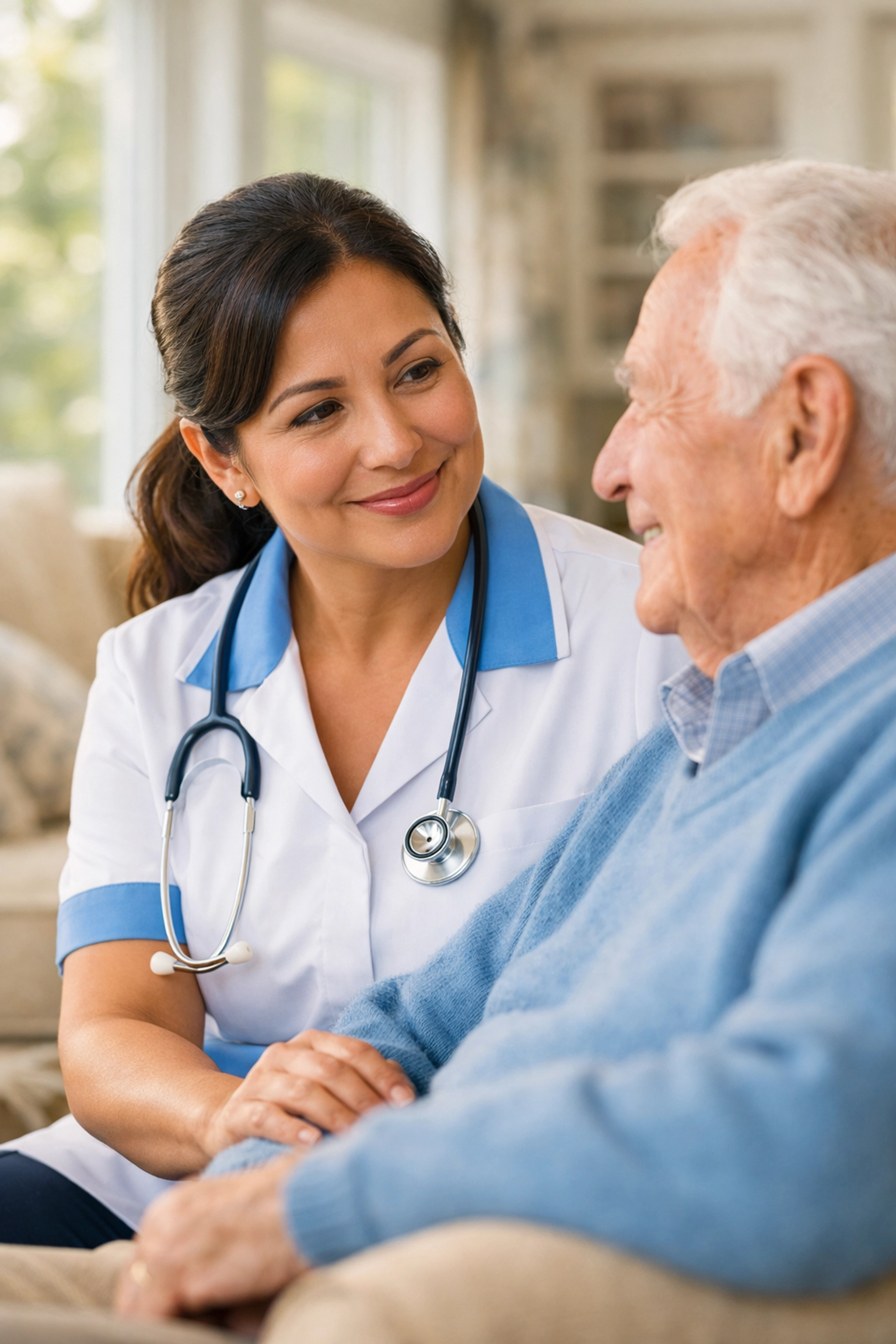 Professional home health nurse with an elderly patient in a warm, comfortable Northern Virginia home.