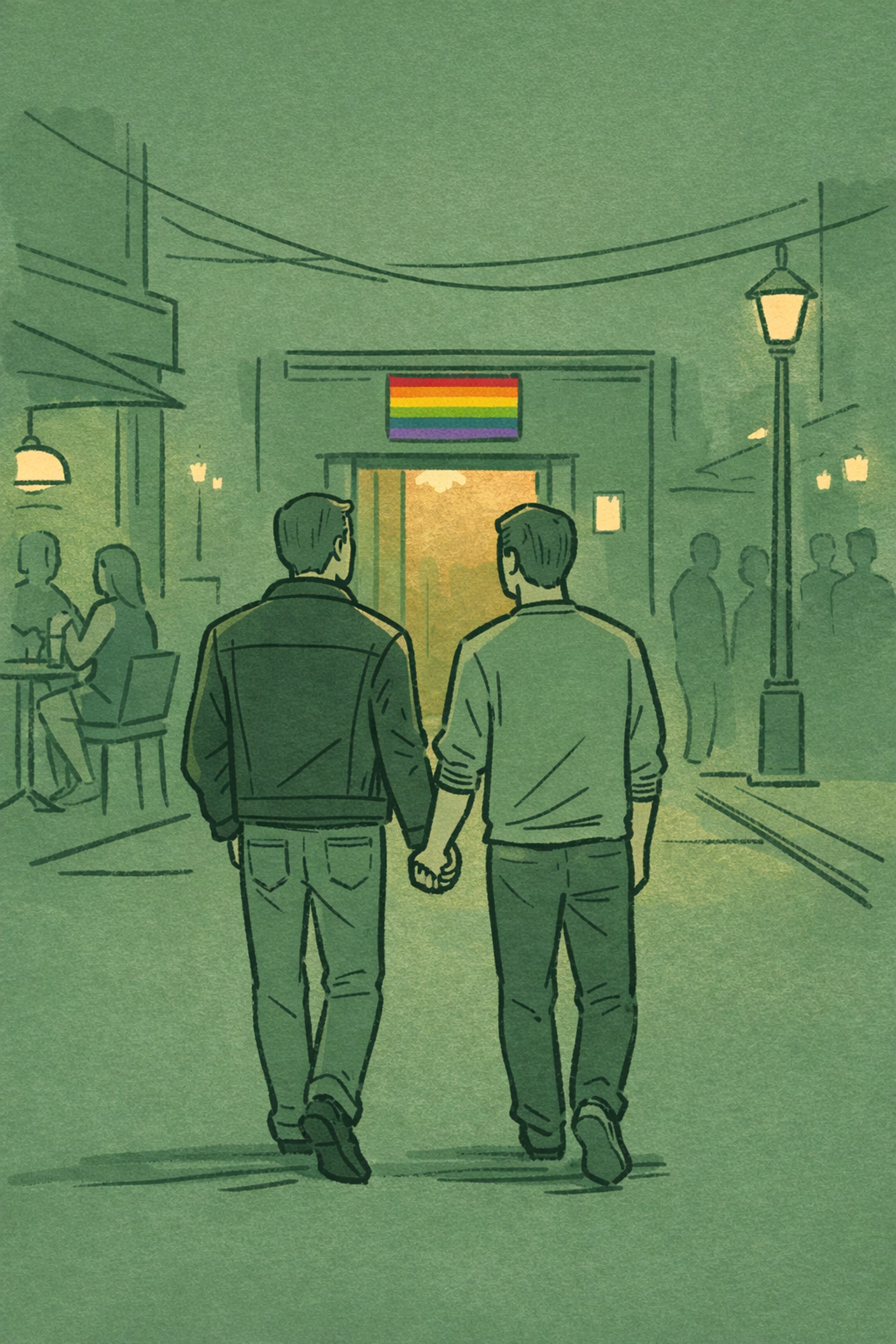 Gay couple holding hands approaching leather club entrance at night