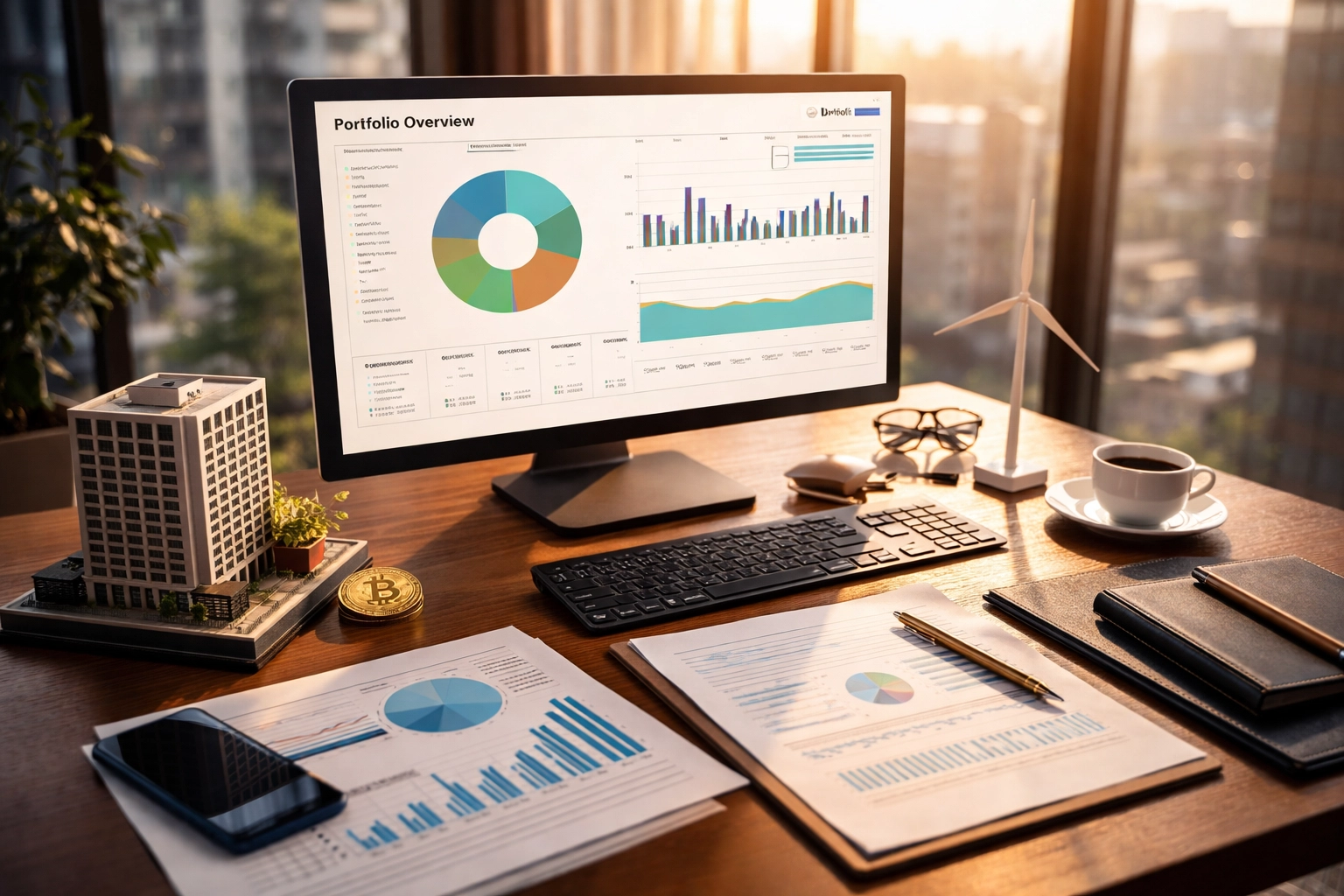 Investor’s desk with portfolio diversification dashboard, real estate, renewable energy, and financial assets.