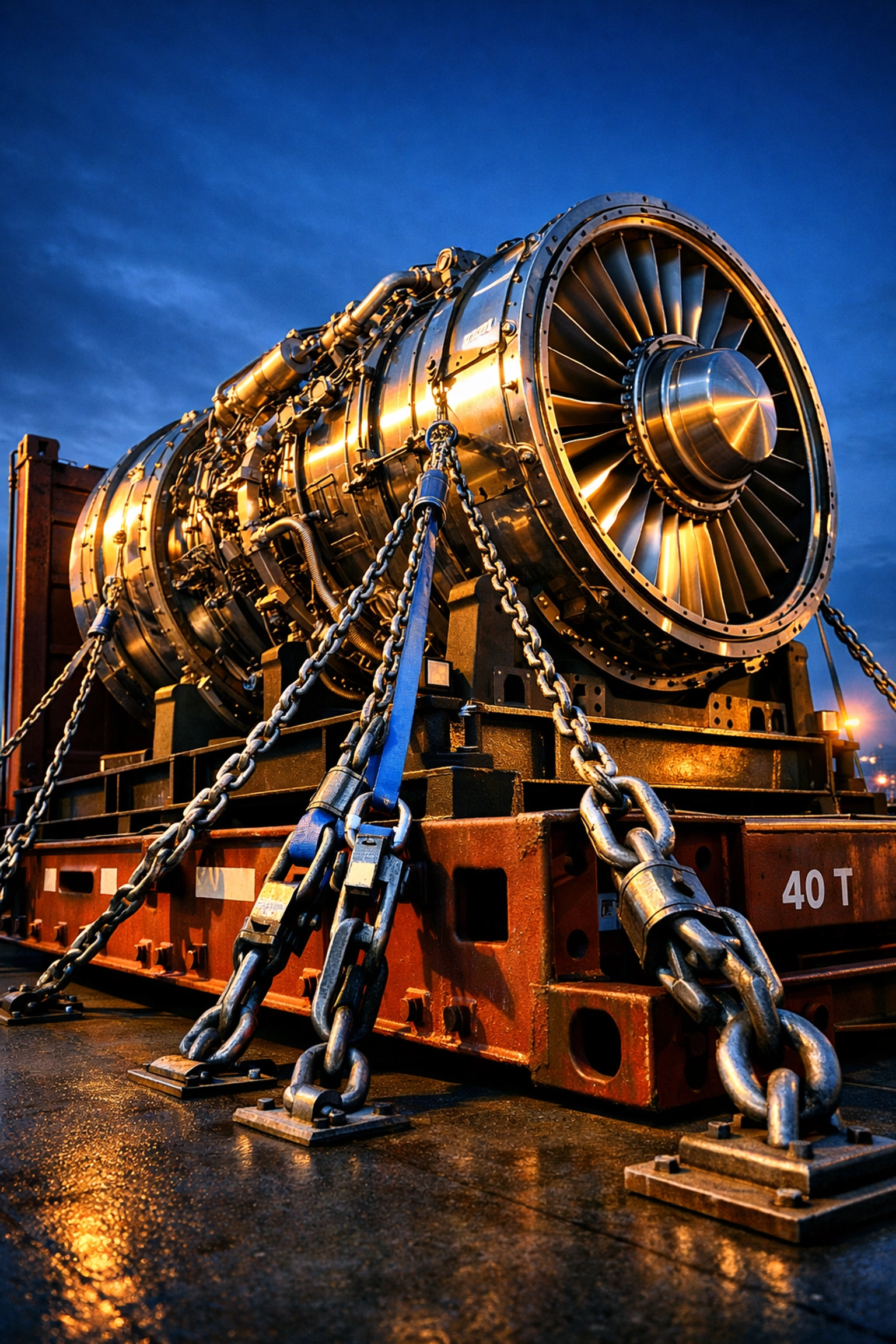 A specialized flat rack container carrying heavy industrial machinery at a shipping dock.