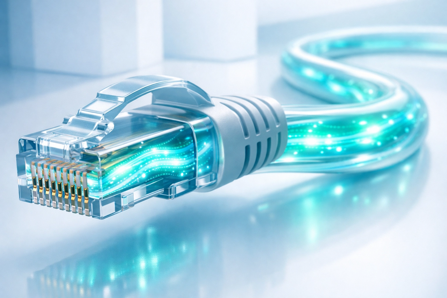 High-speed Cat6 ethernet cable with glowing data pulses representing a stable wired backbone.