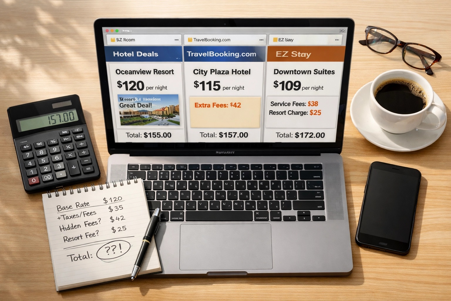 Laptop displaying hotel booking options with pricing, calculator showing total costs, notebook with fee breakdown, coffee cup, and smartphone, illustrating hidden hotel fees and transparent pricing in NYC.