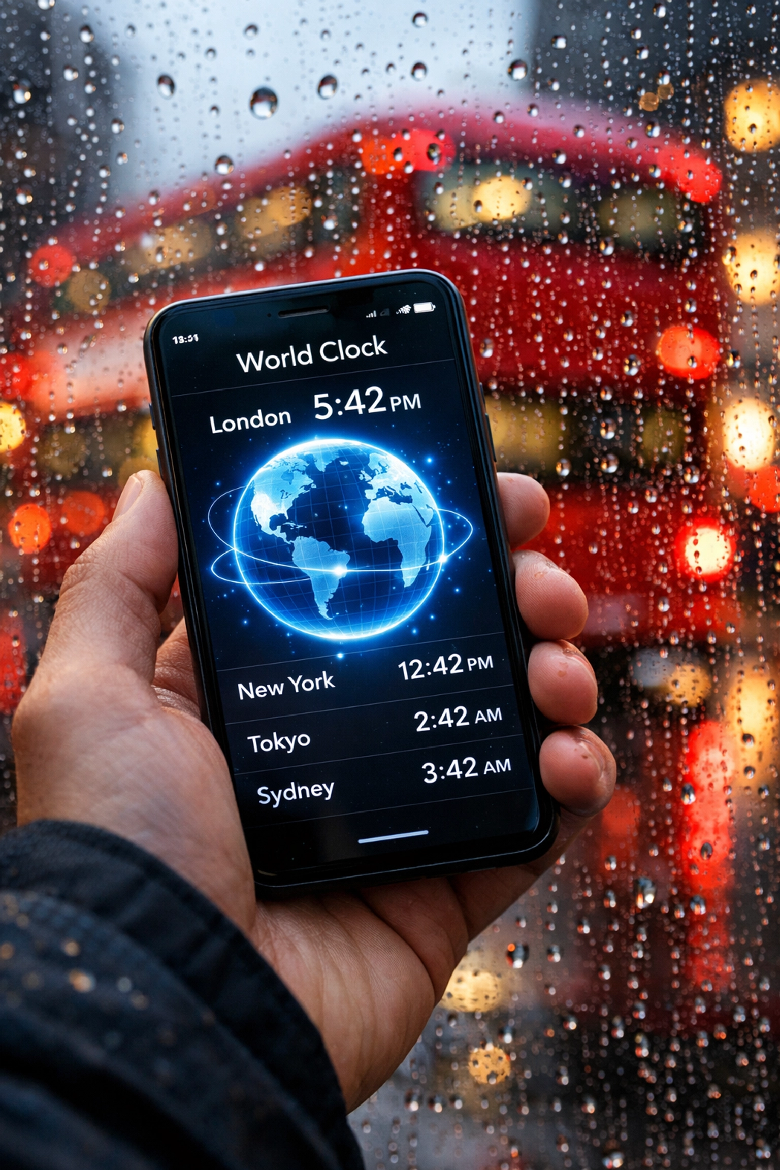 Checking the current time in London on a smartphone app during a rainy afternoon.