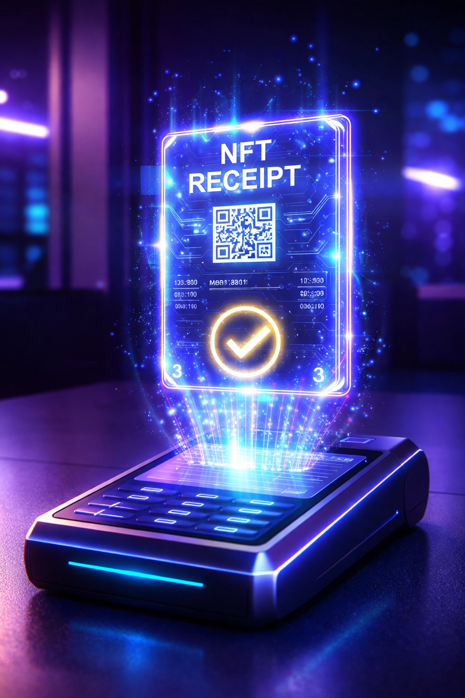Glowing NFT receipt above a digital point-of-sale terminal illustrating secure blockchain transaction records and transparency.