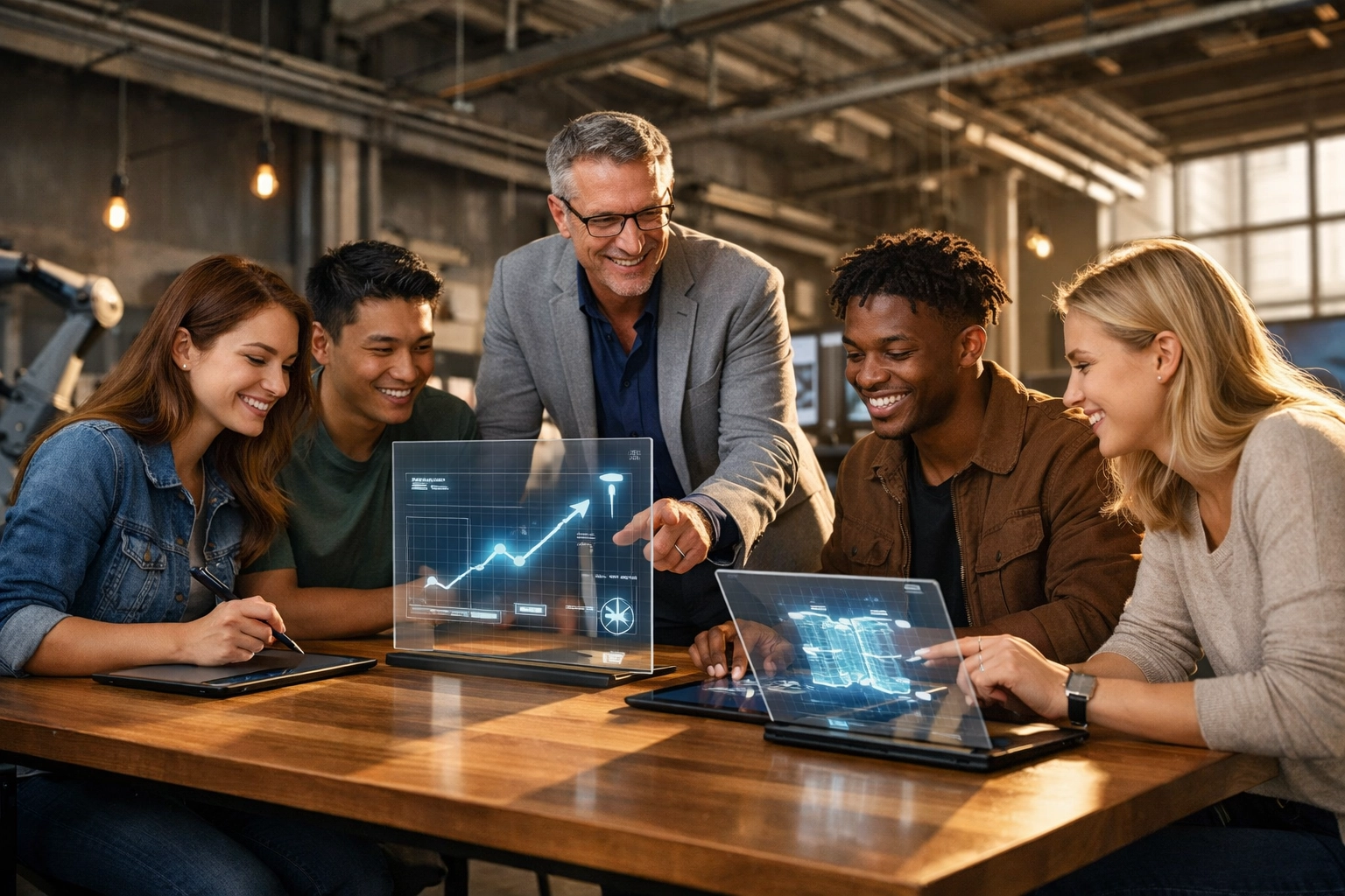 Young professionals collaborating in a modern tech hub to develop Future Ready workforce skills.