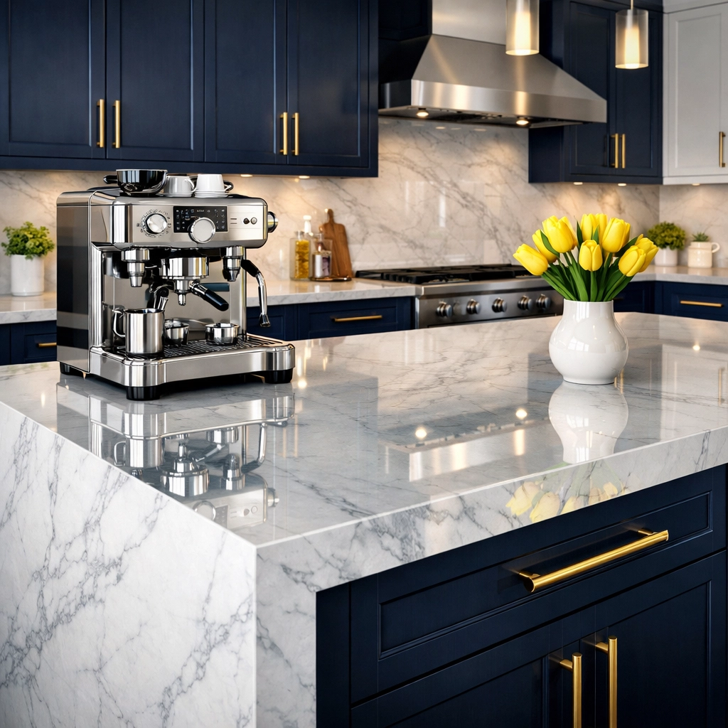 Pristine modern kitchen with marble counters showcasing expert luxury house cleaning Brookline results.