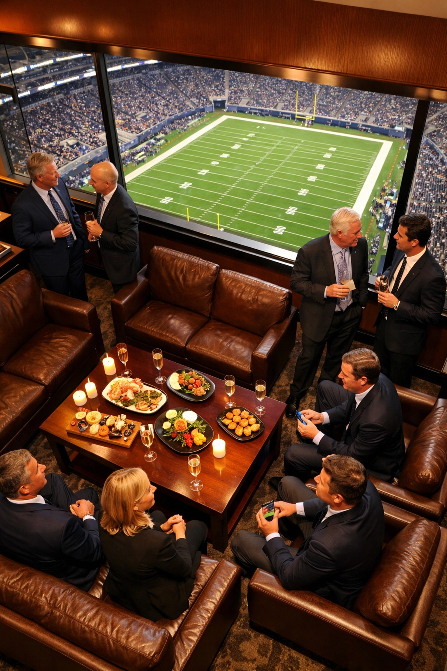 Luxury Super Bowl VIP hospitality suite with executives networking and stadium field view
