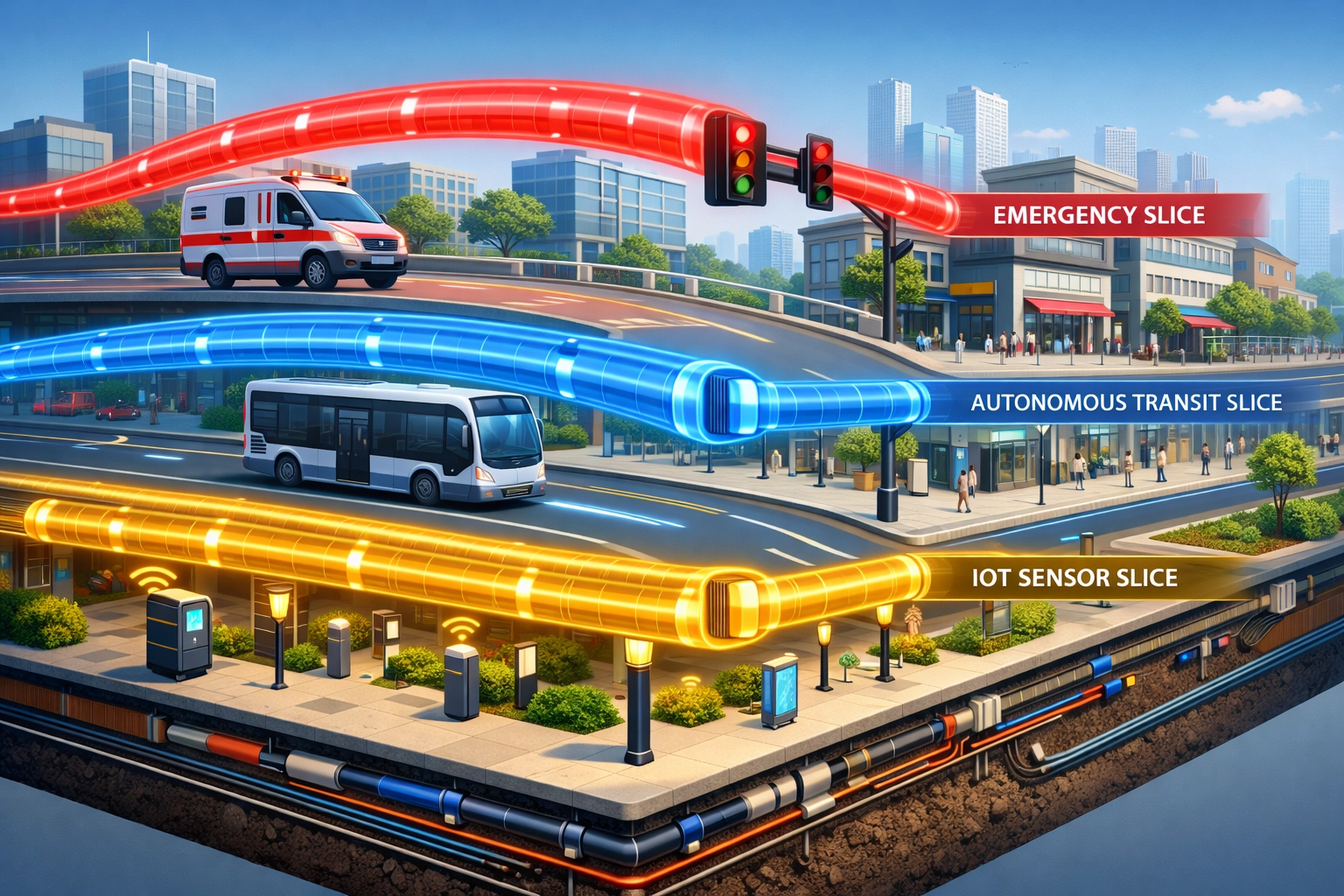 Visualizing 5G network slicing with distinct data layers for emergency vehicles and IoT devices in a smart city.