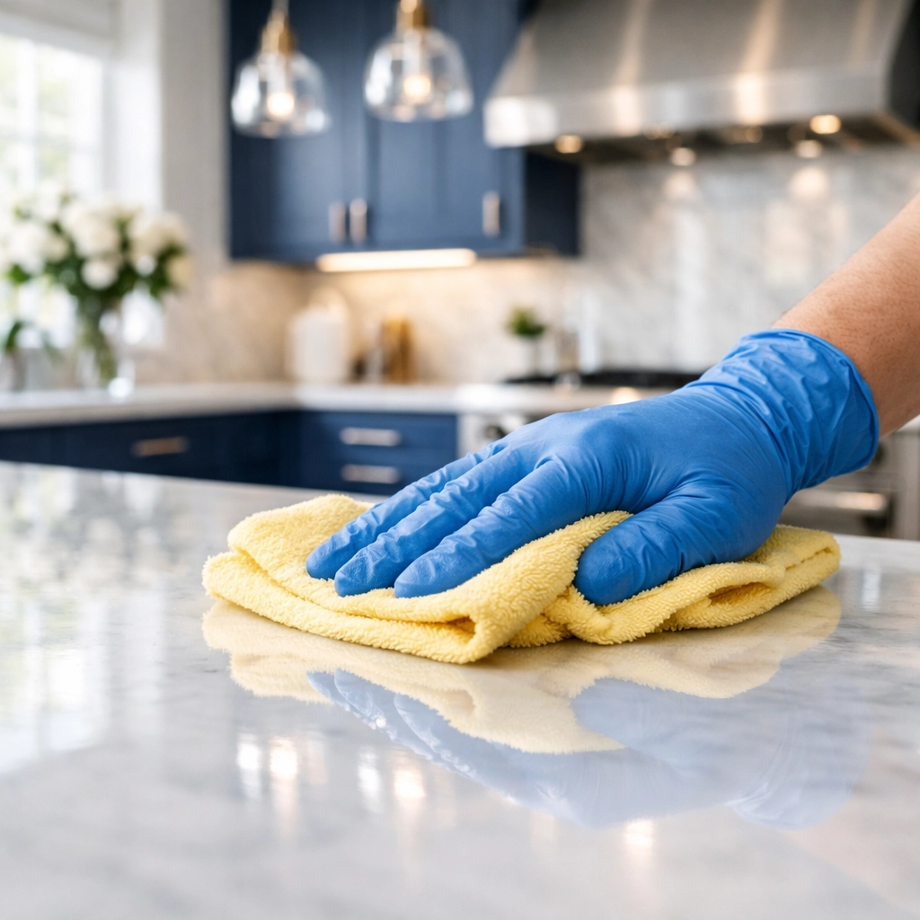 Professional house cleaning service near me deep cleaning Westborough kitchen marble countertops with a microfiber cloth.
