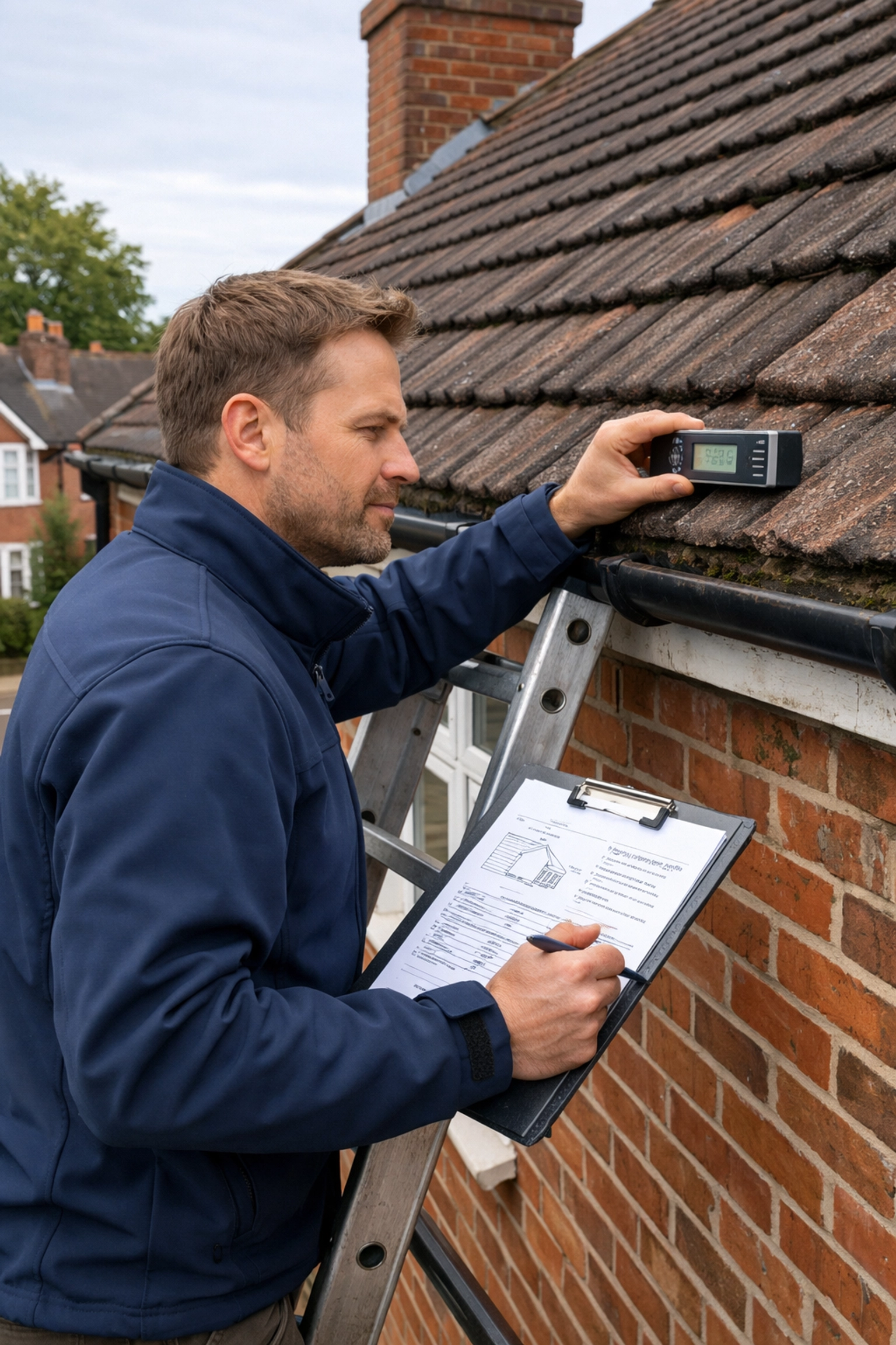 Professional solar surveyor conducting a roof assessment on a UK red-brick home for structural integrity.