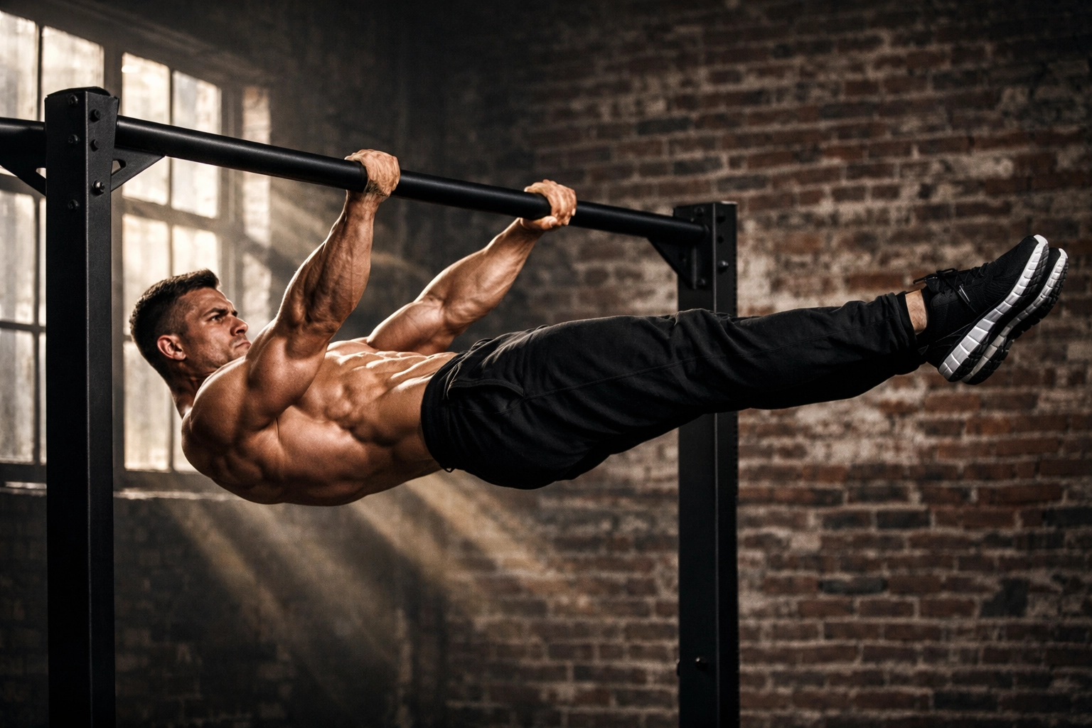 Athlete performing a front lever using calisthenics equipment for home in an industrial loft.