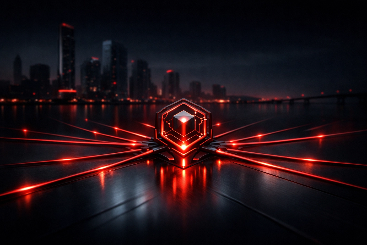 High-tech digital node with glowing red lines representing a centralized AI CRM for personalized sales.