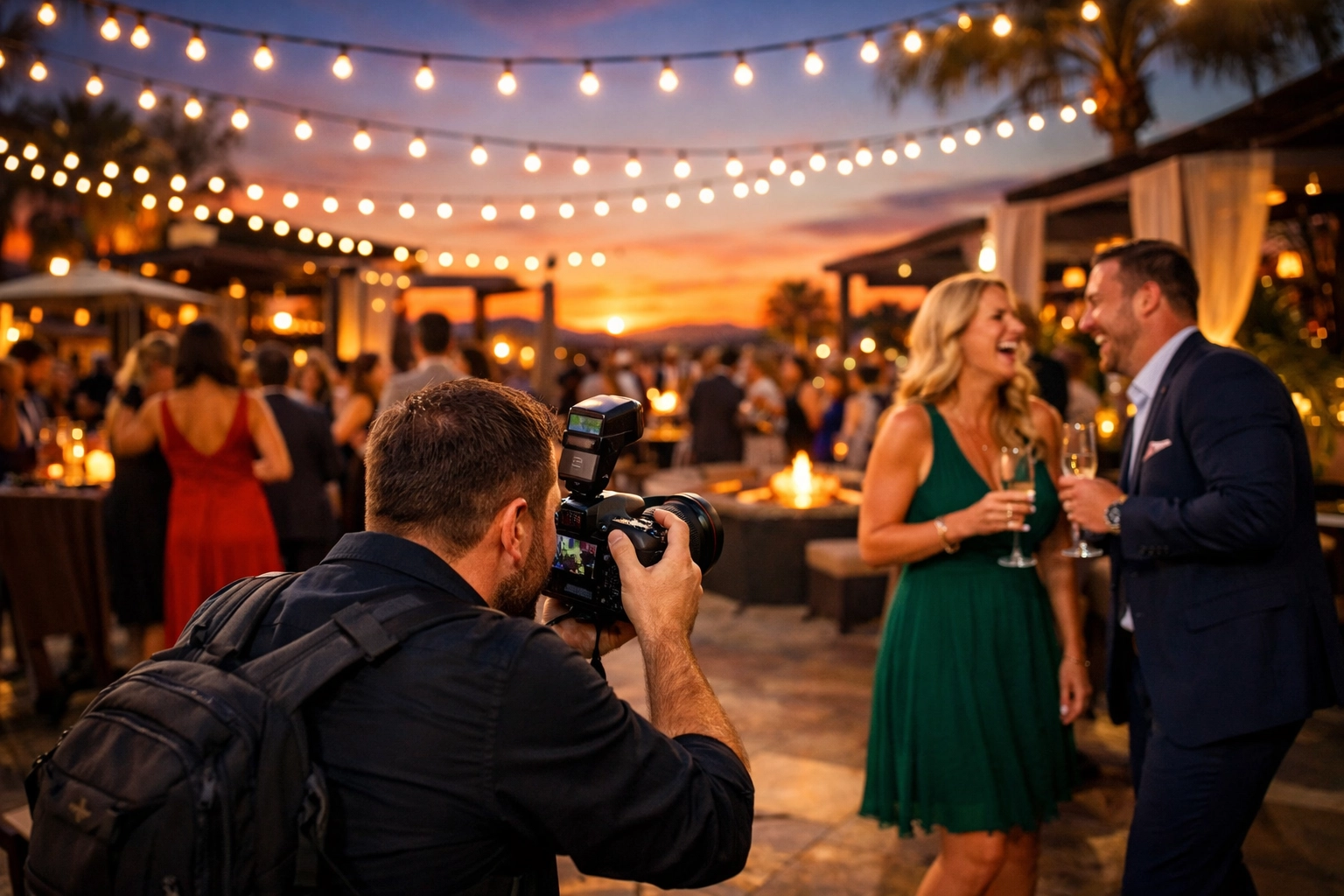 An event photographer capturing candid laughter during a high-end outdoor evening party.