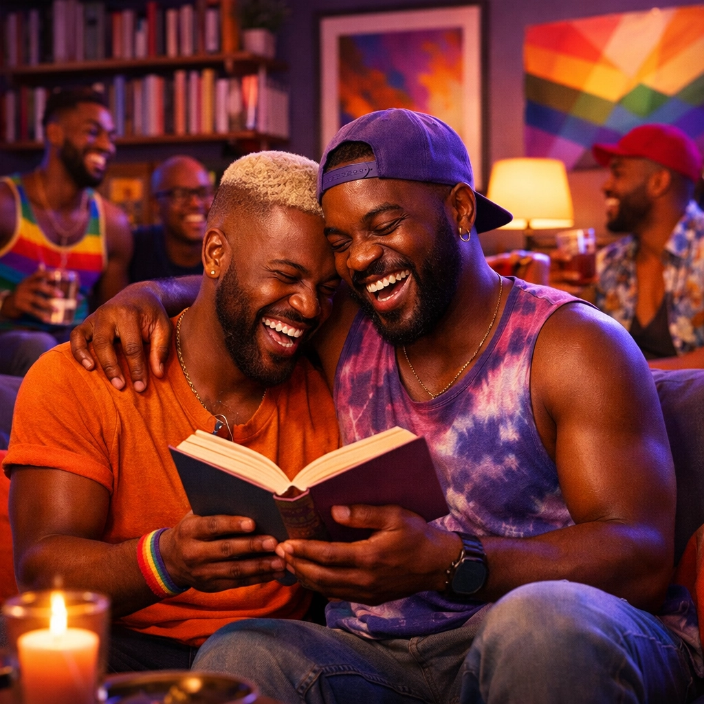 Black gay men enjoying a community book club and celebrating inclusive queer literature in a cozy home.