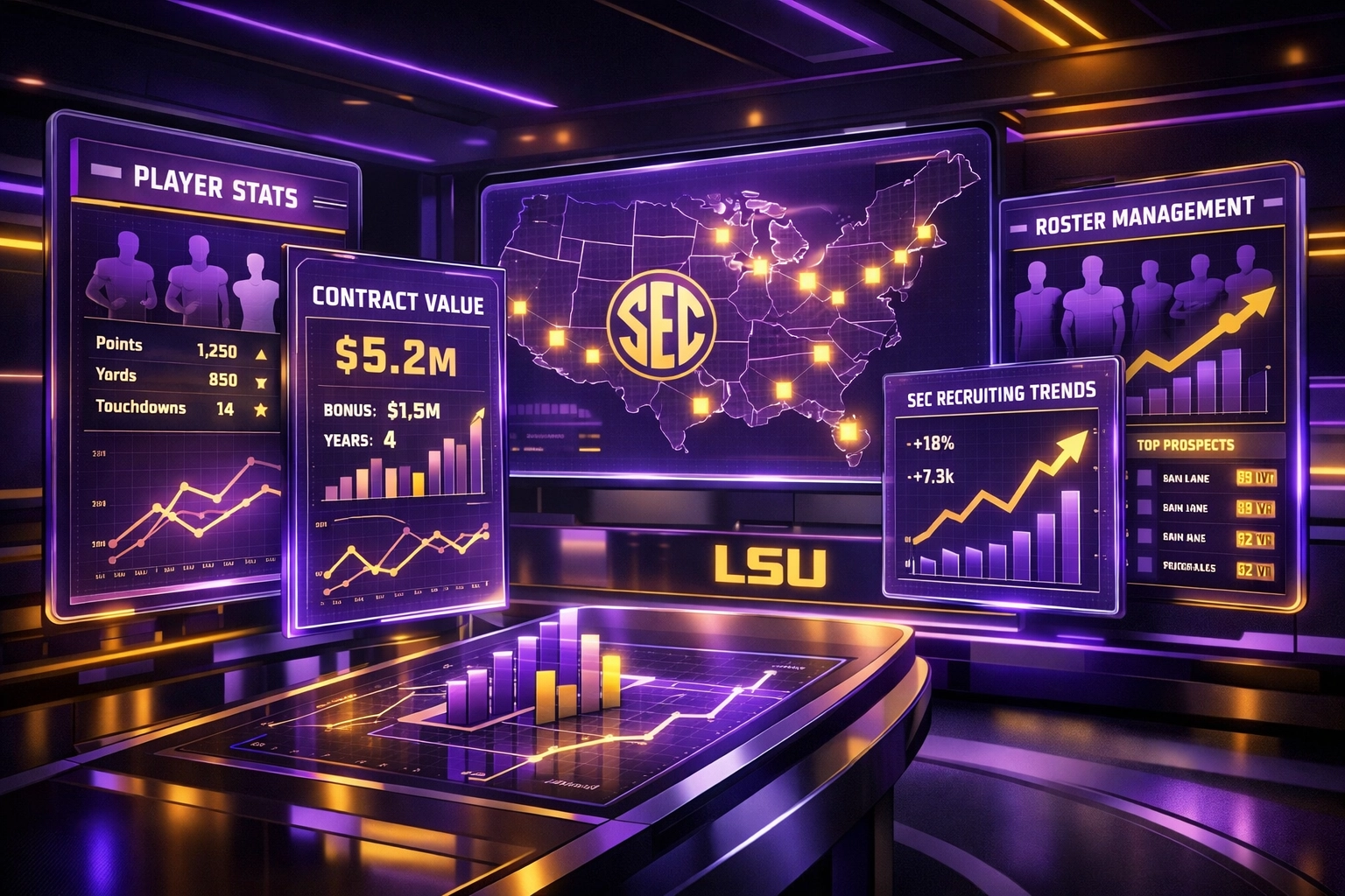 SEC football competitive analysis dashboard showing LSU roster valuation and conference financial trends