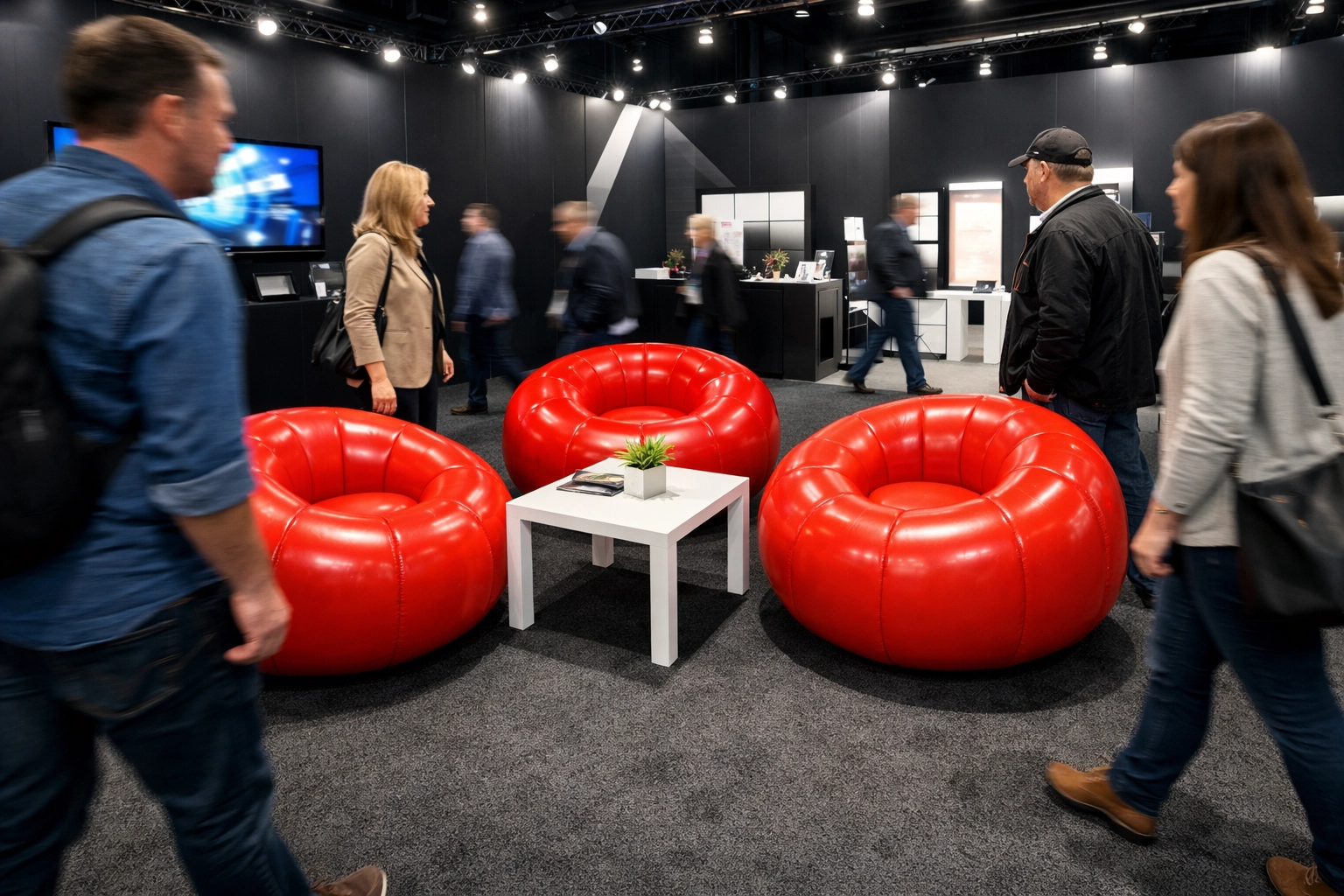 A professional trade show booth featuring a cluster of inflatable chair red seating to attract crowds.