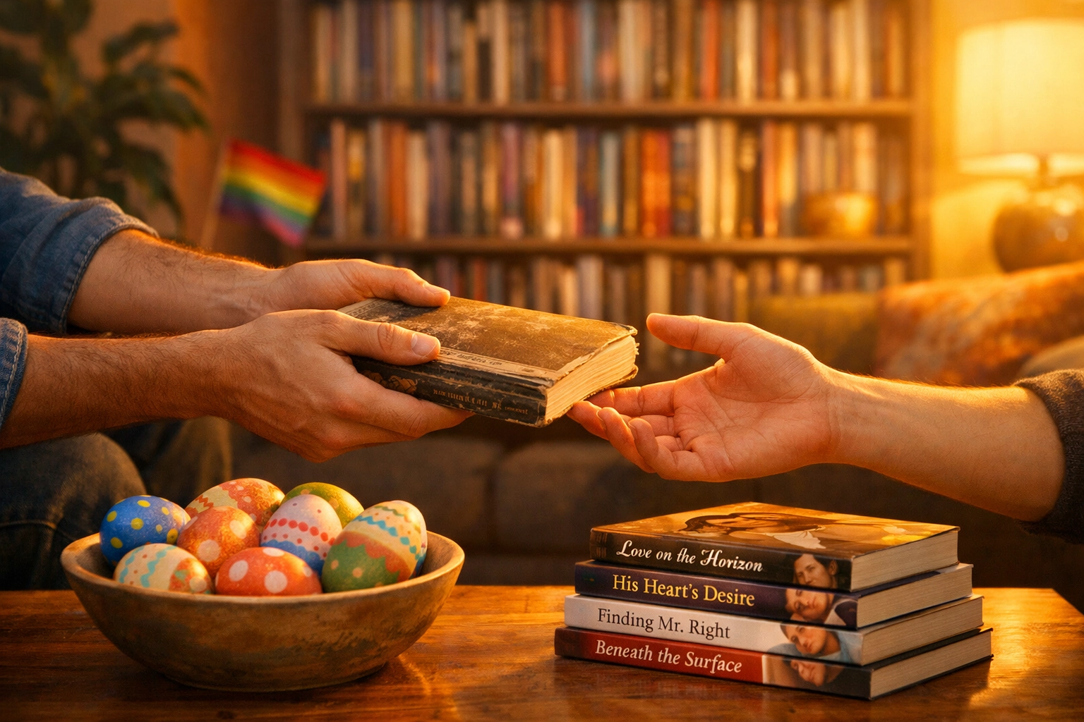 Exchanging a gay romance novel during a chosen family Easter gathering, surrounded by books and holiday decor.