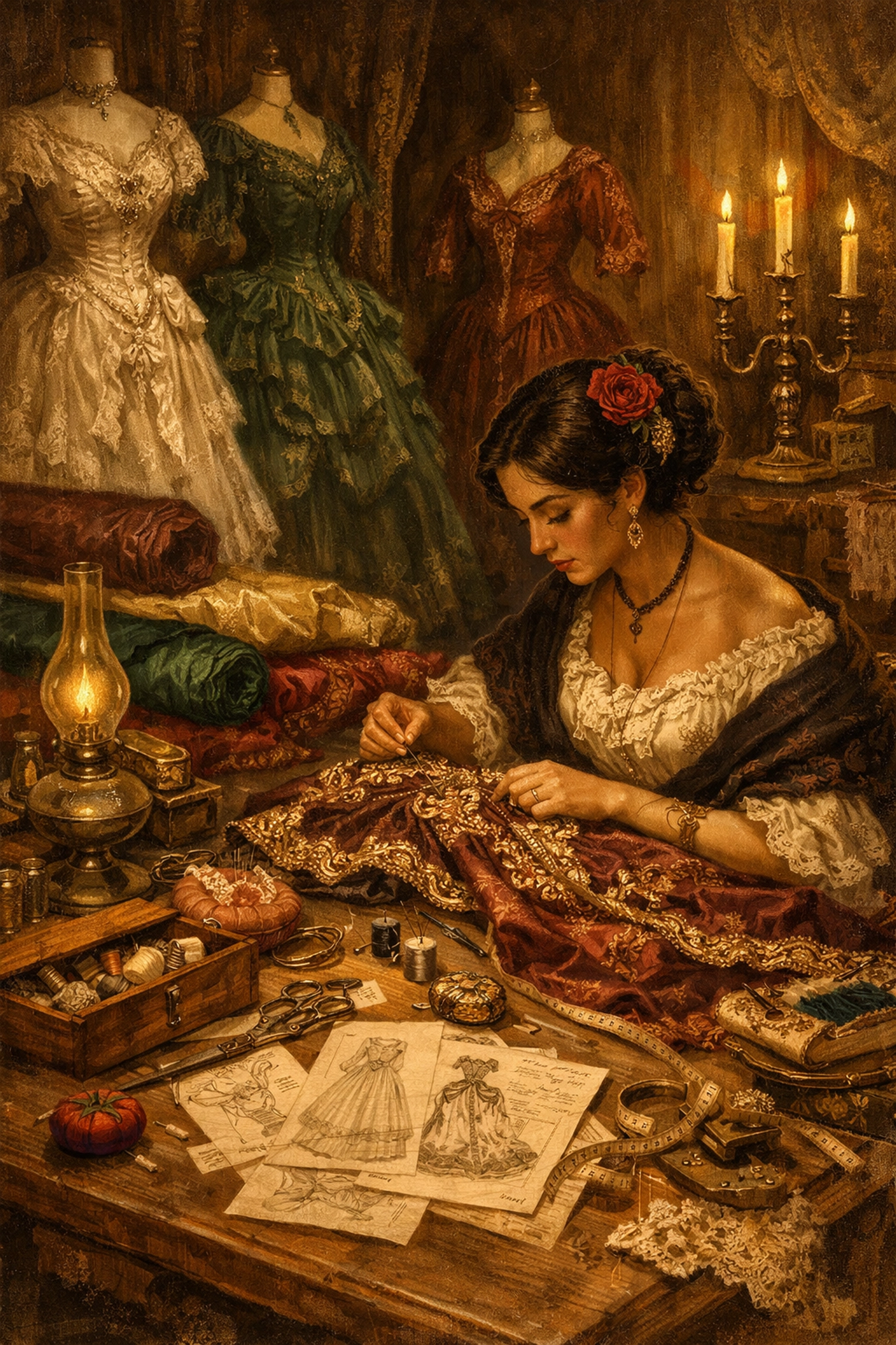 19th century Latin American dressmaker creating European-inspired gowns in a candlelit atelier