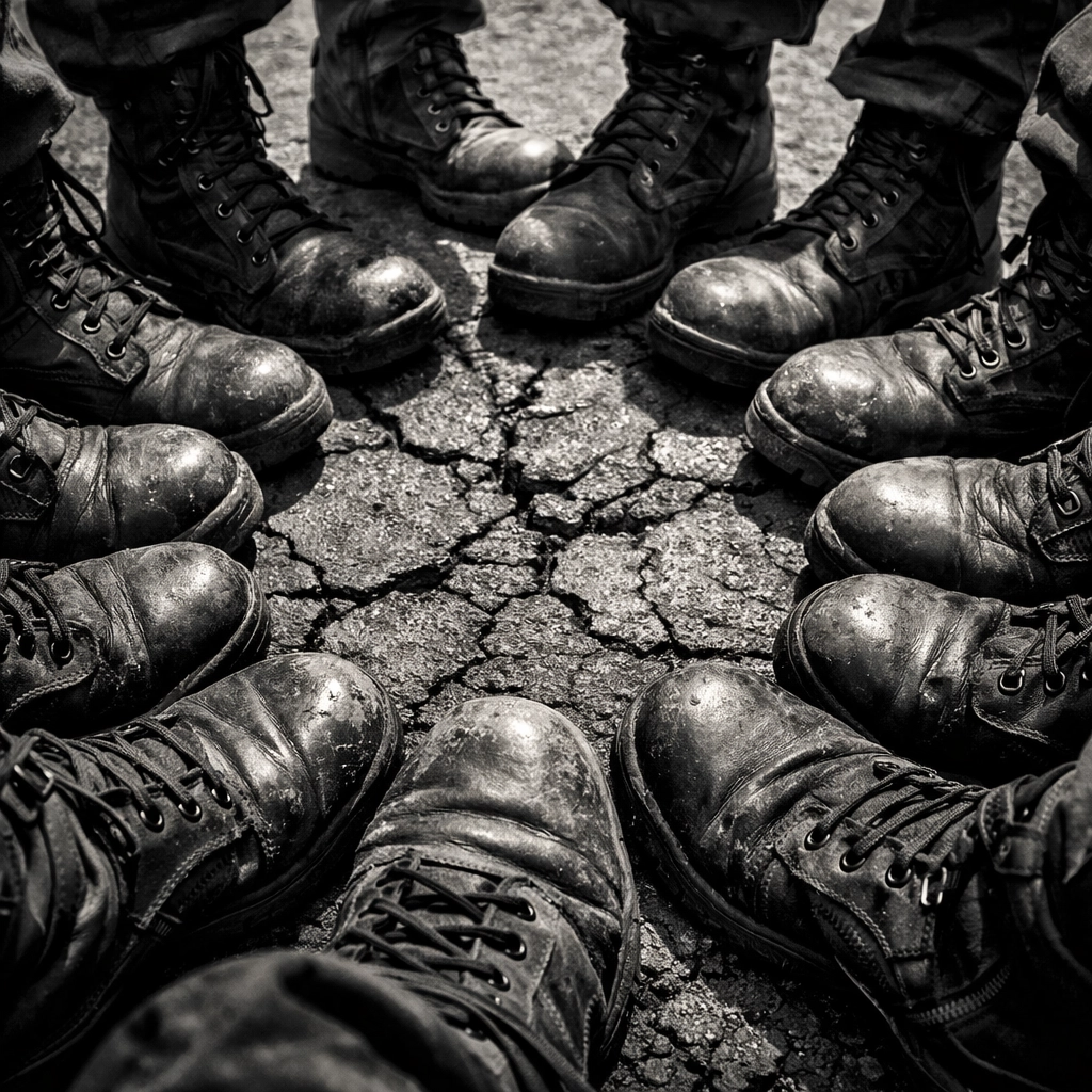 Circle of worn combat boots symbolizing veteran community and shared experience