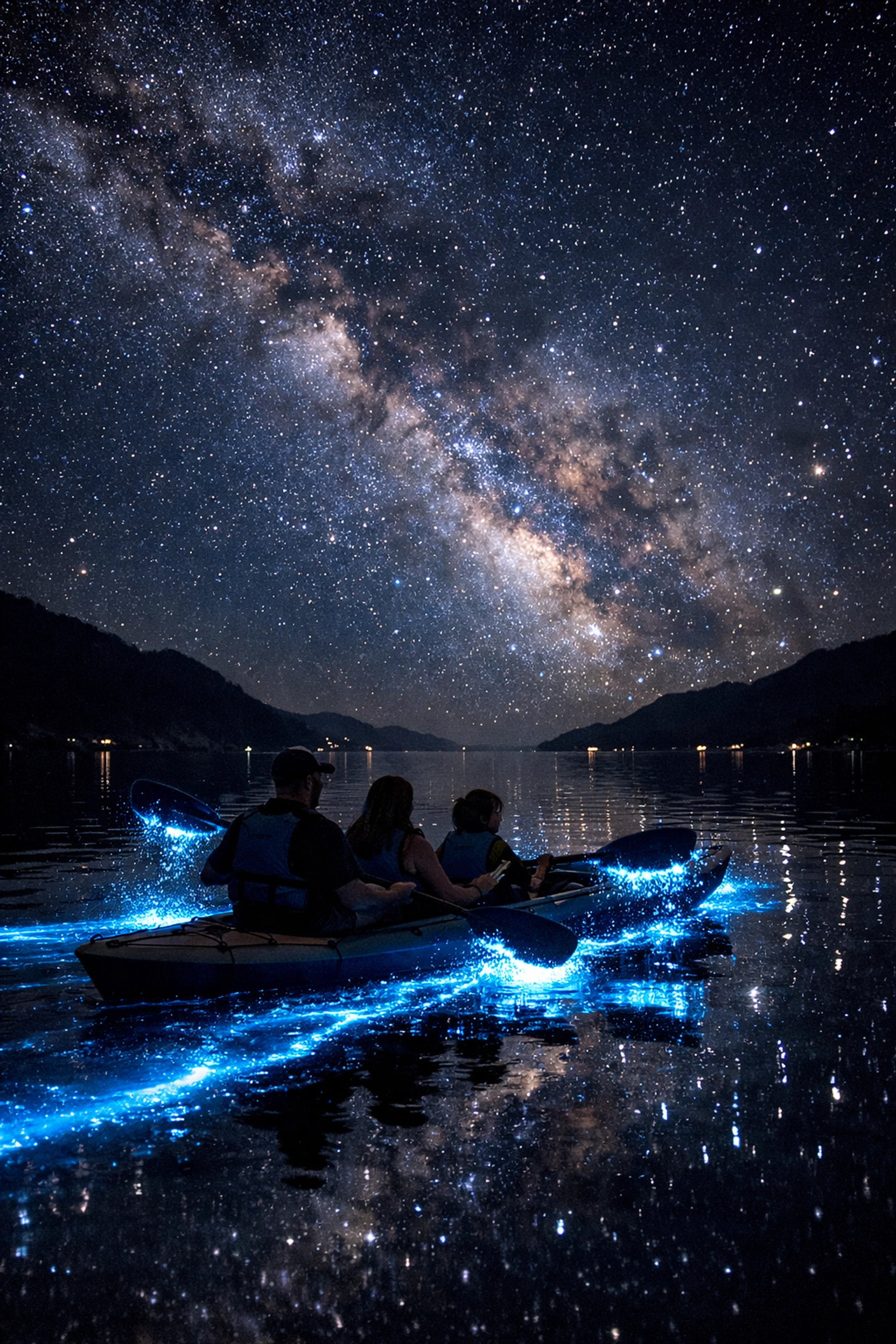 Family kayaking in glowing bioluminescent water, a magical travel experience for kids.