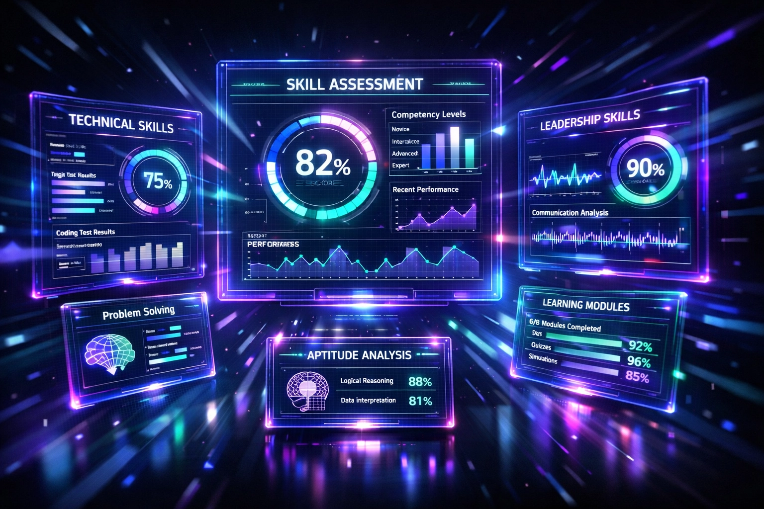AI readiness score dashboard displaying multiple skills assessment modules and candidate competency metrics