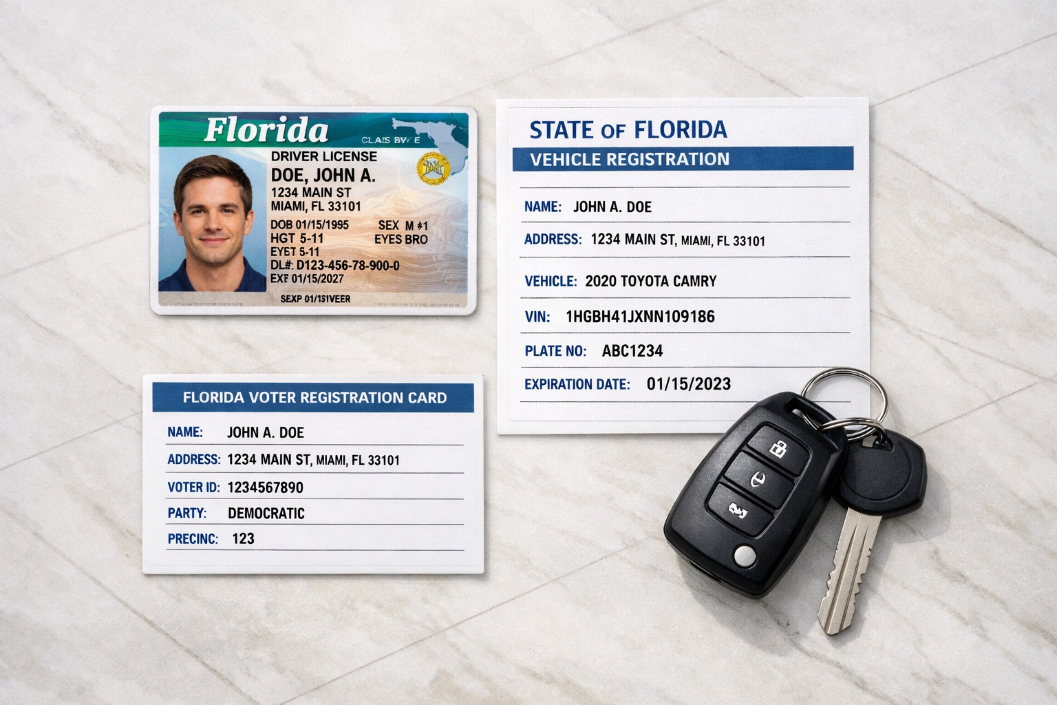Florida driver's license, vehicle registration, and voter card for establishing legal residency