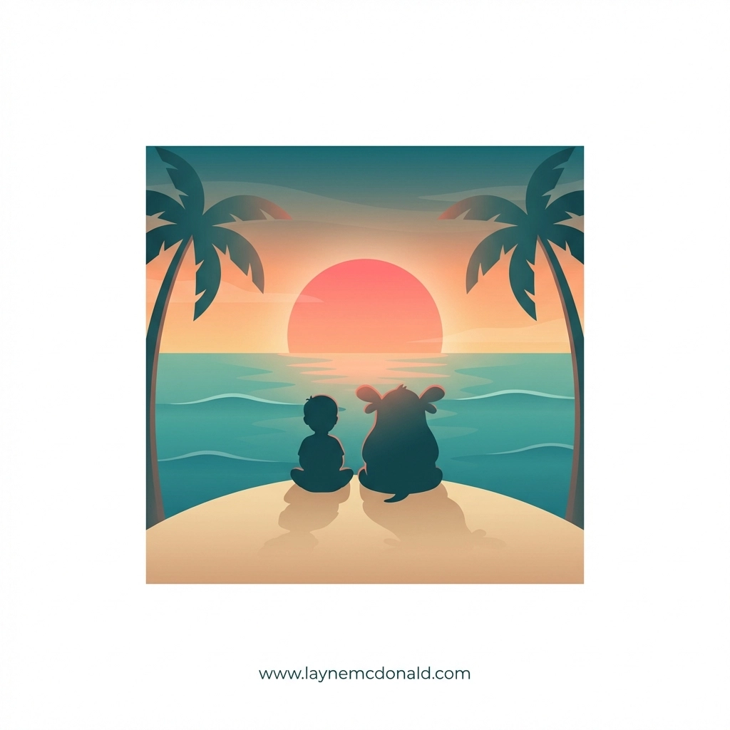 Child and creature on beach at sunset illustrating Lilo & Stitch family and belonging themes