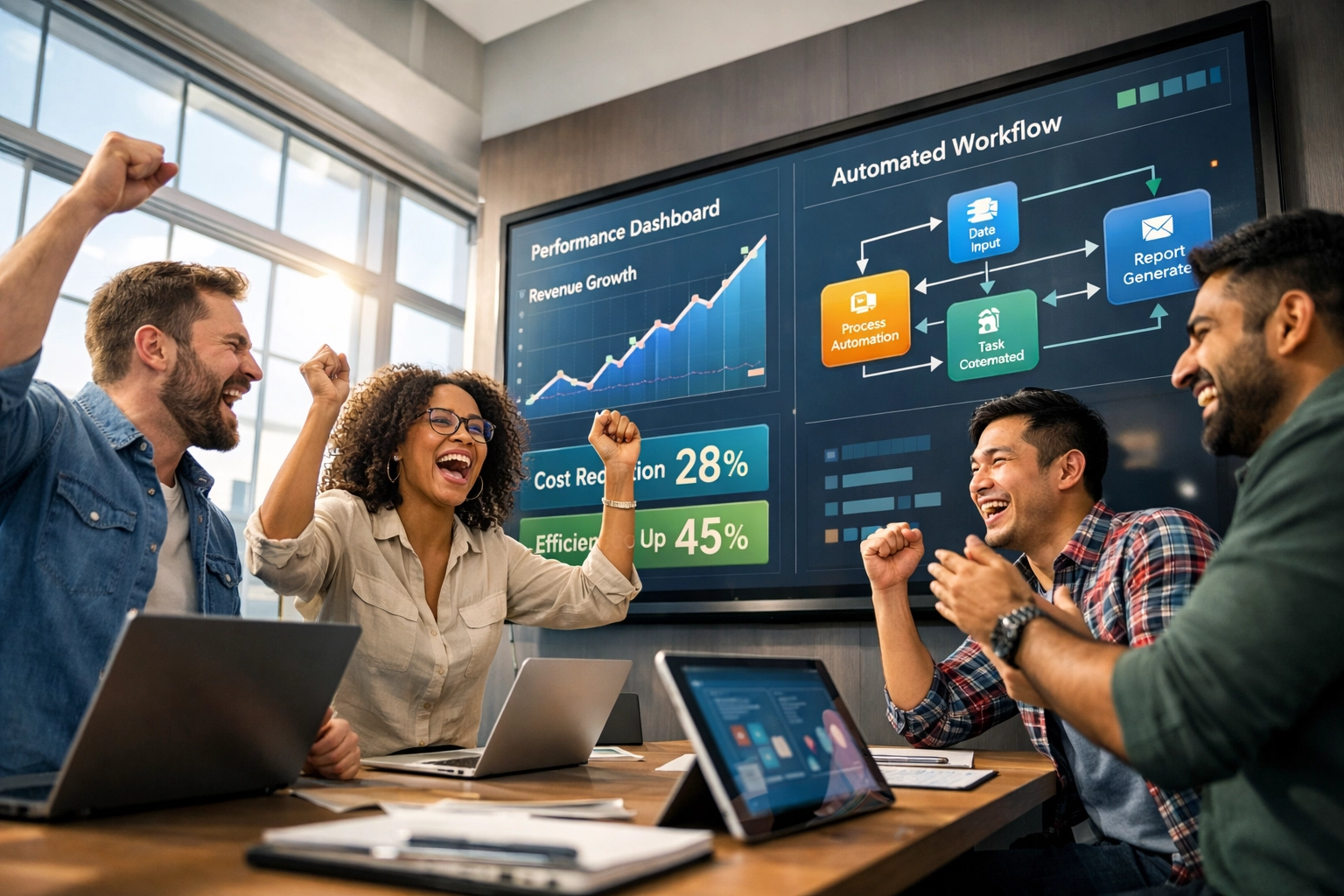 IT team reviewing ServiceNow ROI dashboard displaying 40% cost reduction metrics and automation success