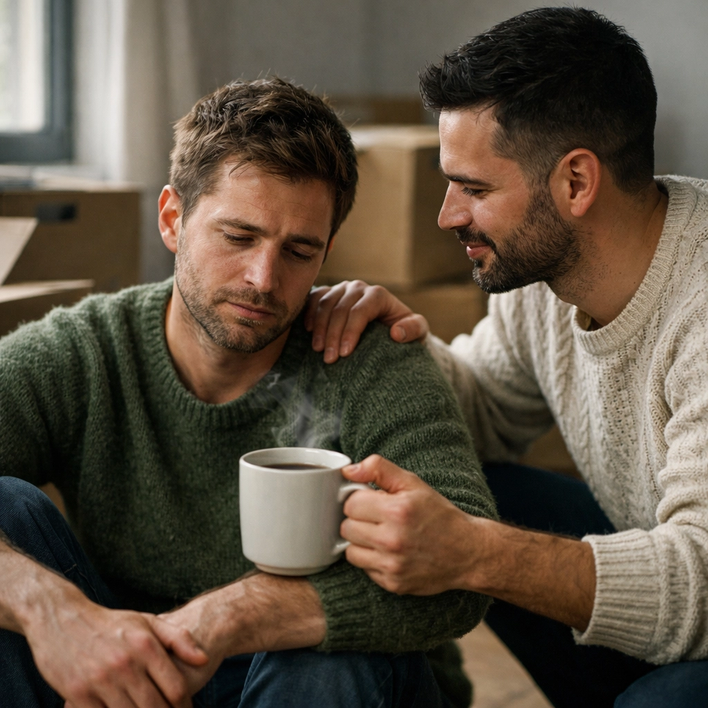 Supportive gay man bringing coffee to his partner during an apartment move, illustrating acts of service.