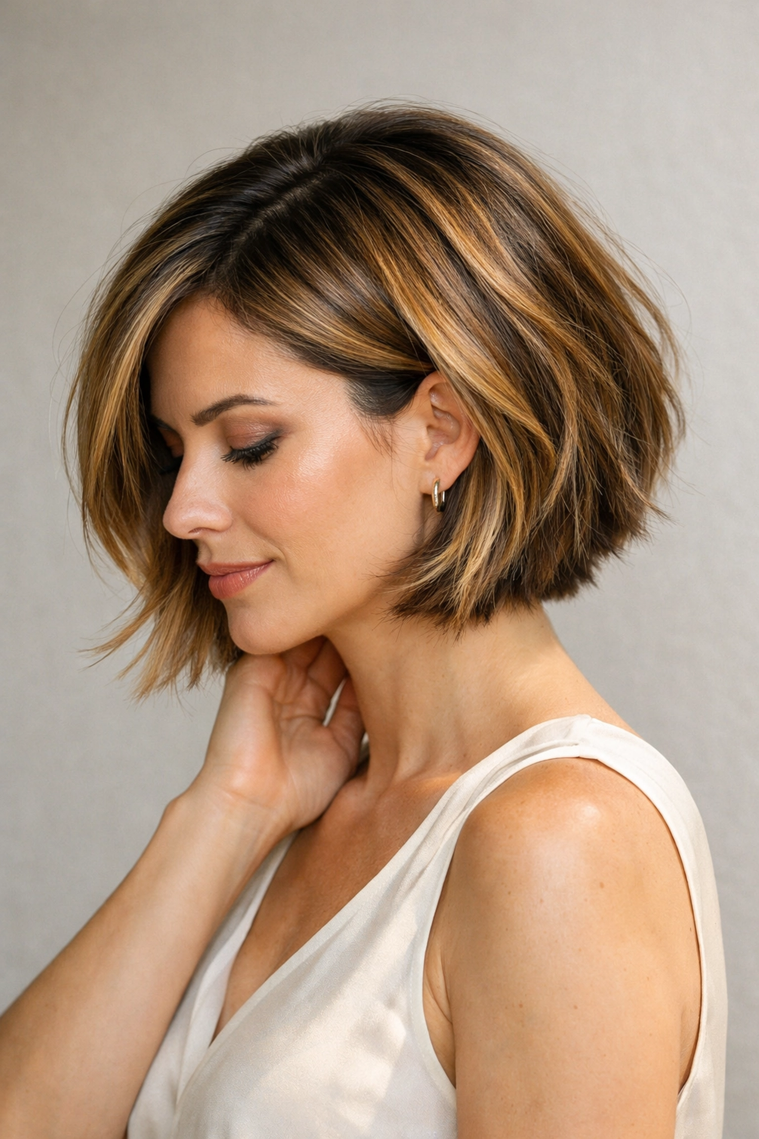 Stunning textured bob with honey and caramel highlights from our hair salon in Concord NH.