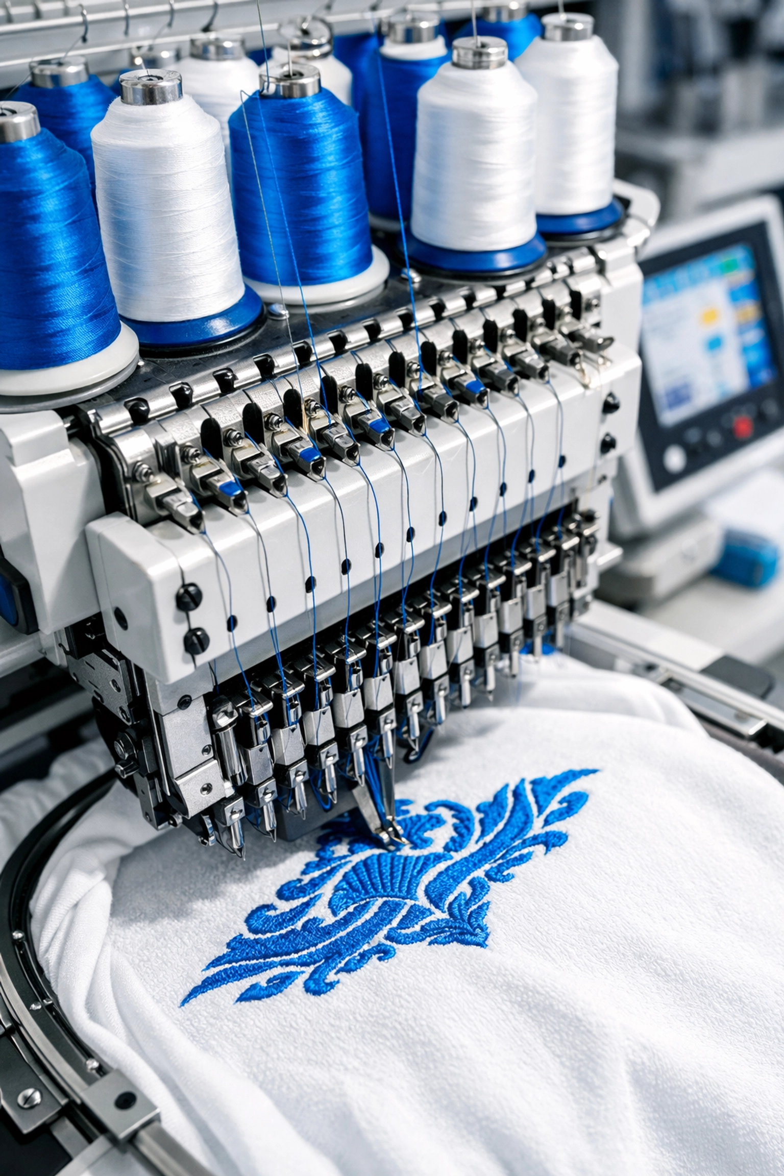 Professional embroidery machine in Kona stitching intricate custom designs with high-capacity precision.