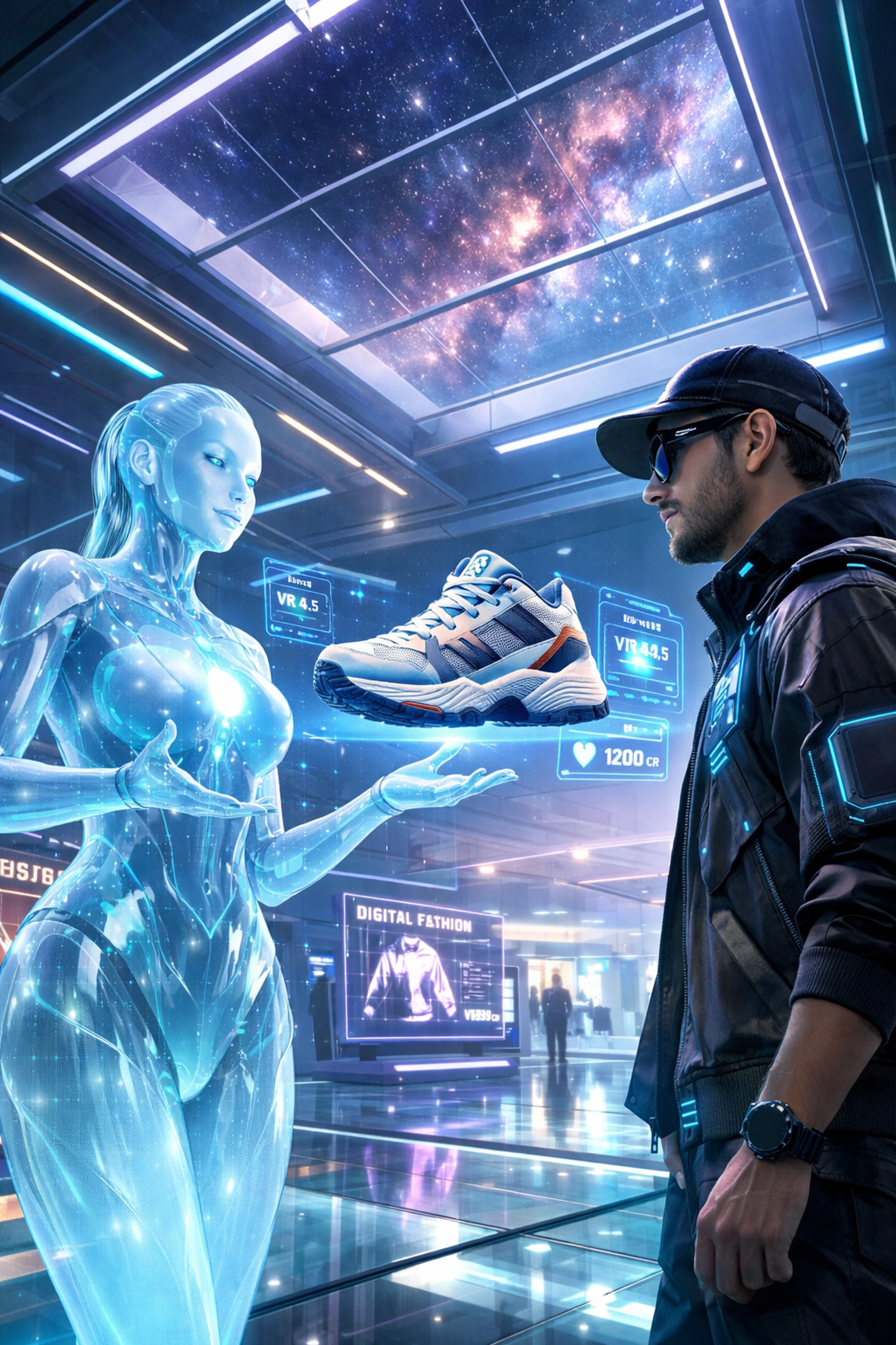 Larecoin.ai metaverse shopping assistant showing digital goods to a customer avatar in a virtual marketplace.