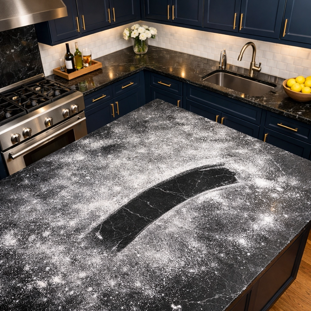 White drywall dust on a dark kitchen countertop with a clean swipe mark after construction.