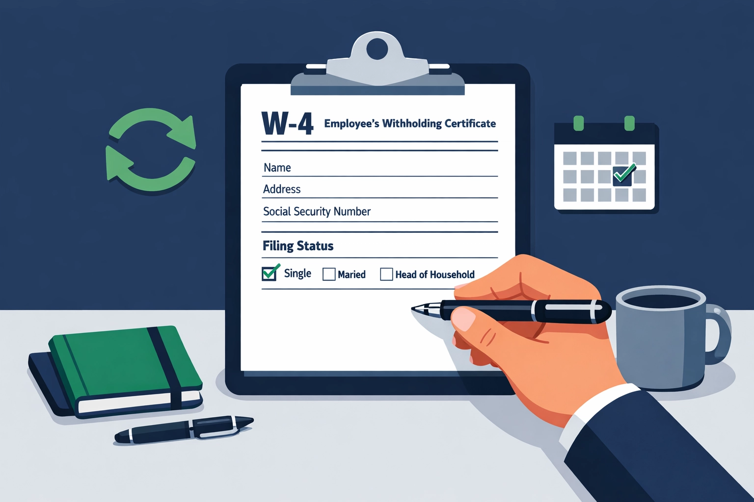 Flat design illustration of a professional updating an IRS Form W-4 to adjust tax withholdings.