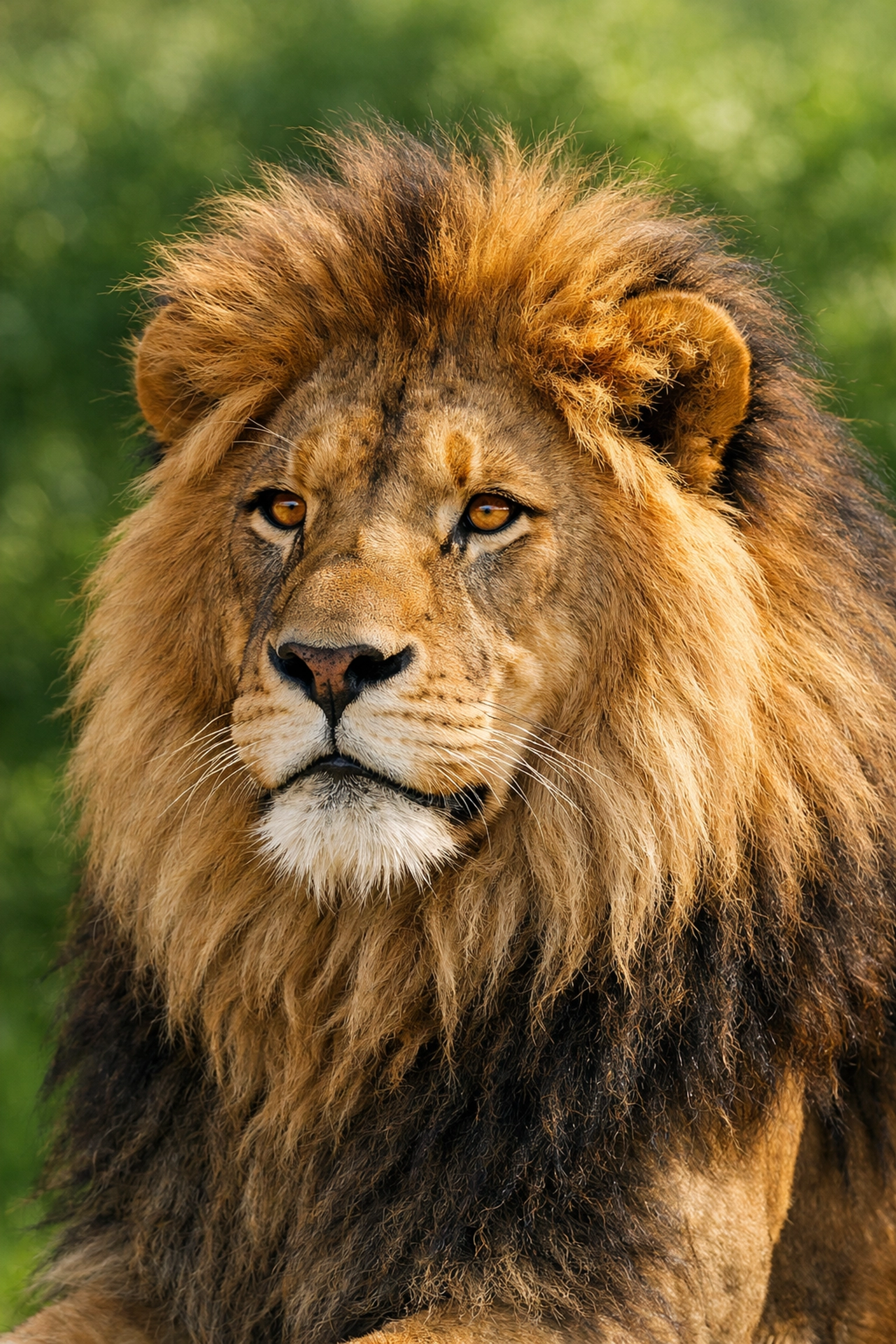 Professional male lion portrait with lush background for zoo website sponsored species spotlights.