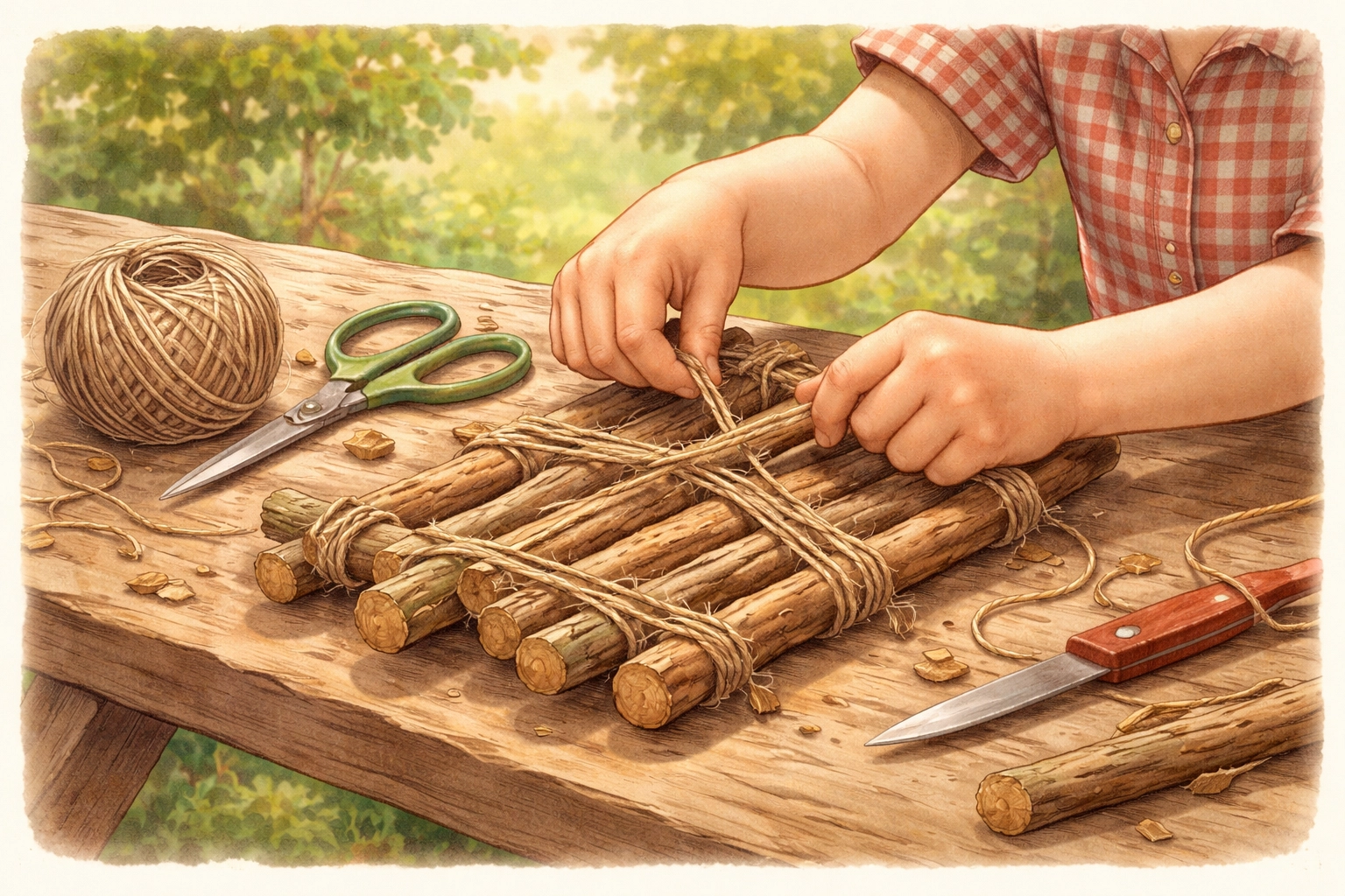 Close-up of hands tying twine around sticks to build a stick raft, illustrating DIY STEM activity