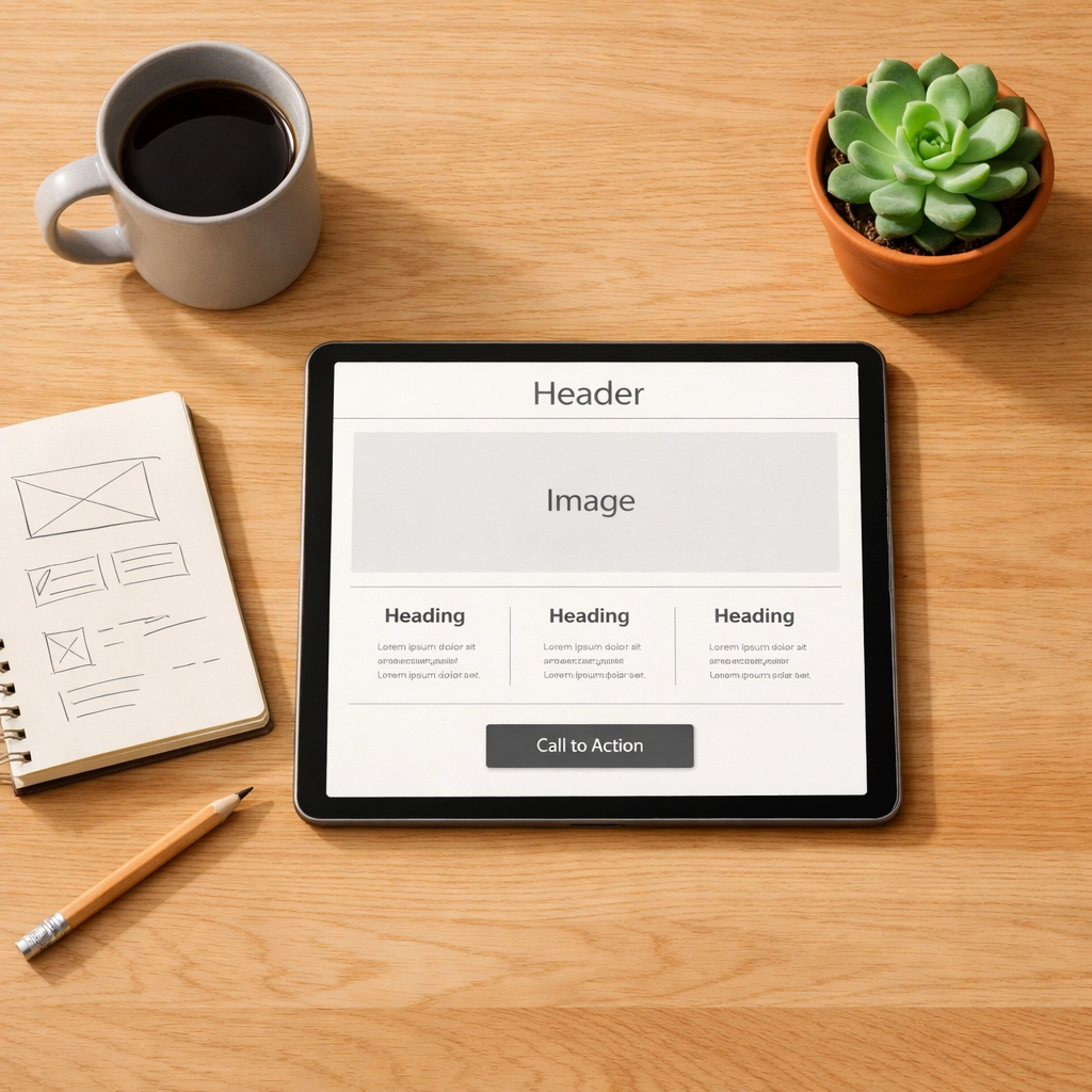 Minimalist web design workspace with tablet displaying clean website layout