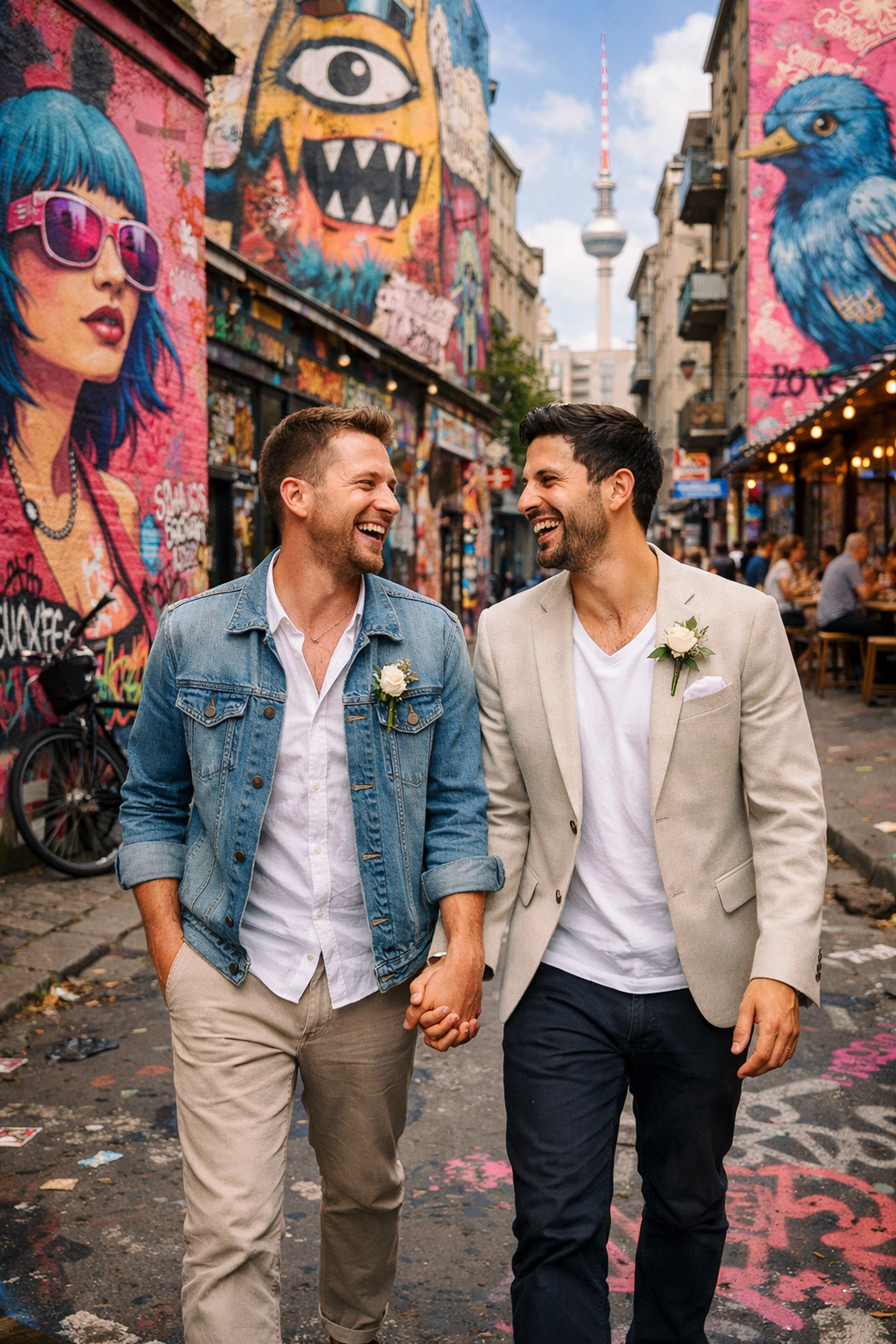 Gay couple walking hand-in-hand through colorful Berlin street art in Kreuzberg neighborhood