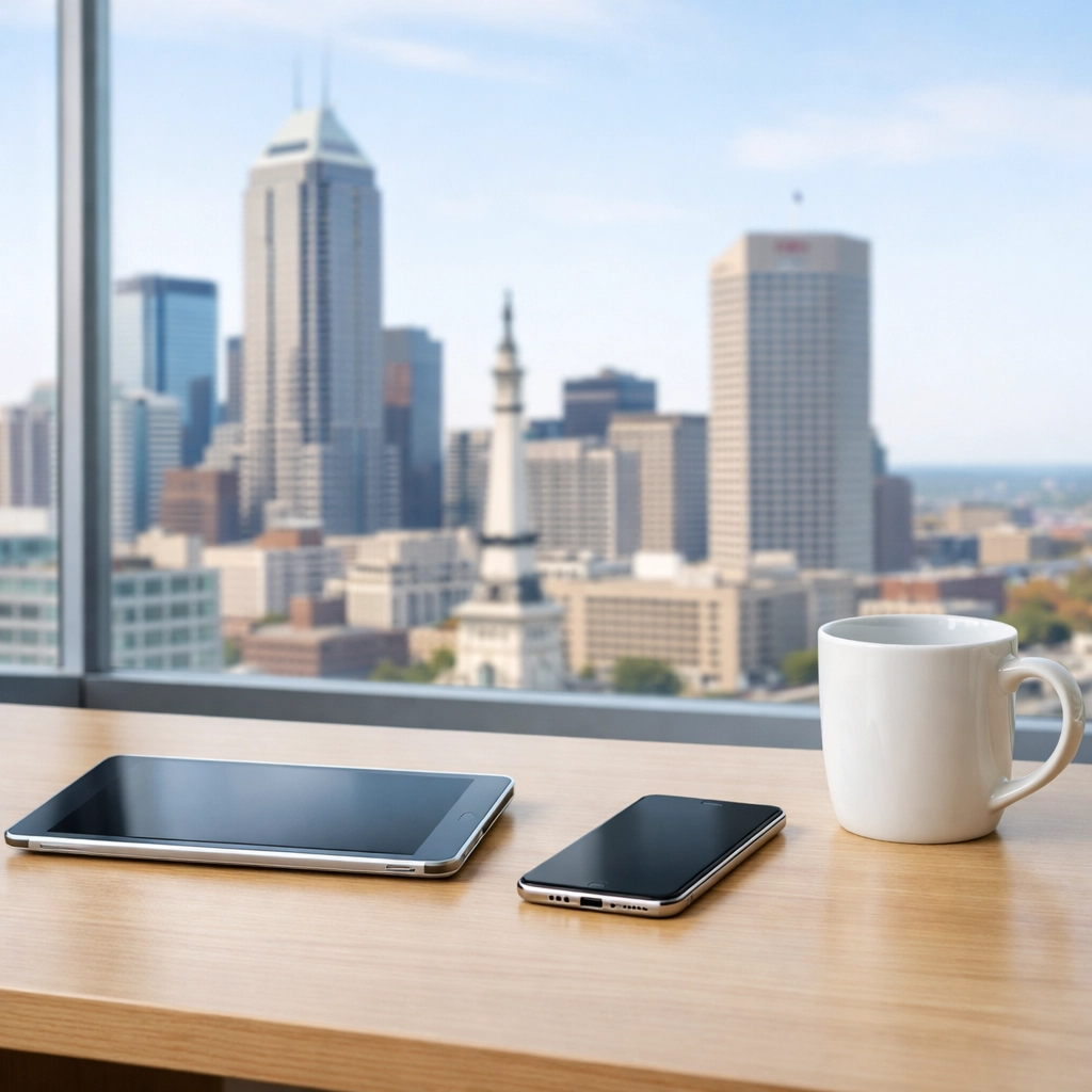 Clean Indianapolis property manager desk with a view of the city skyline and digital devices.