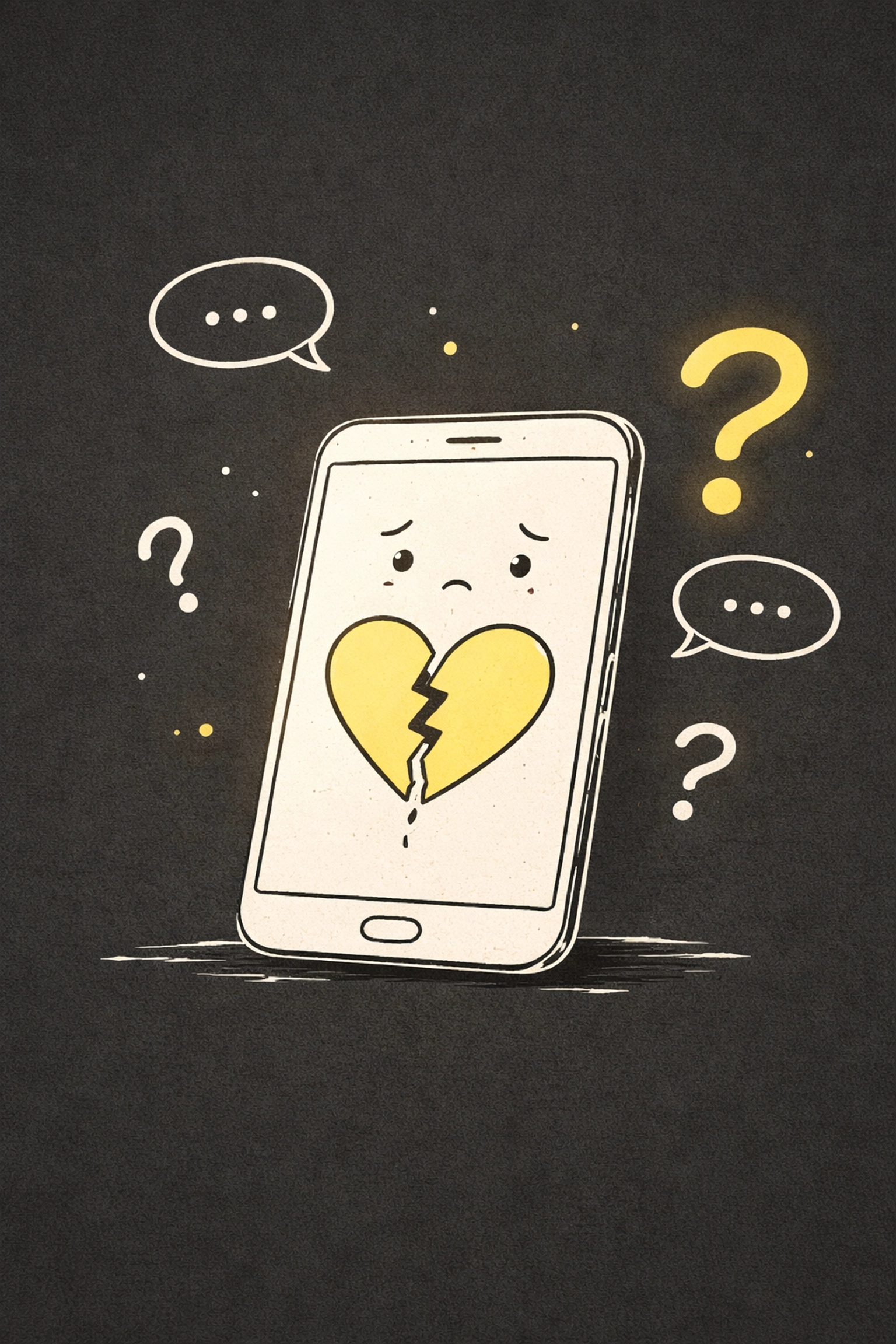Playful line art of a sad smartphone with a cracked heart, illustrating outdated branding and lack of personality in brand identity.