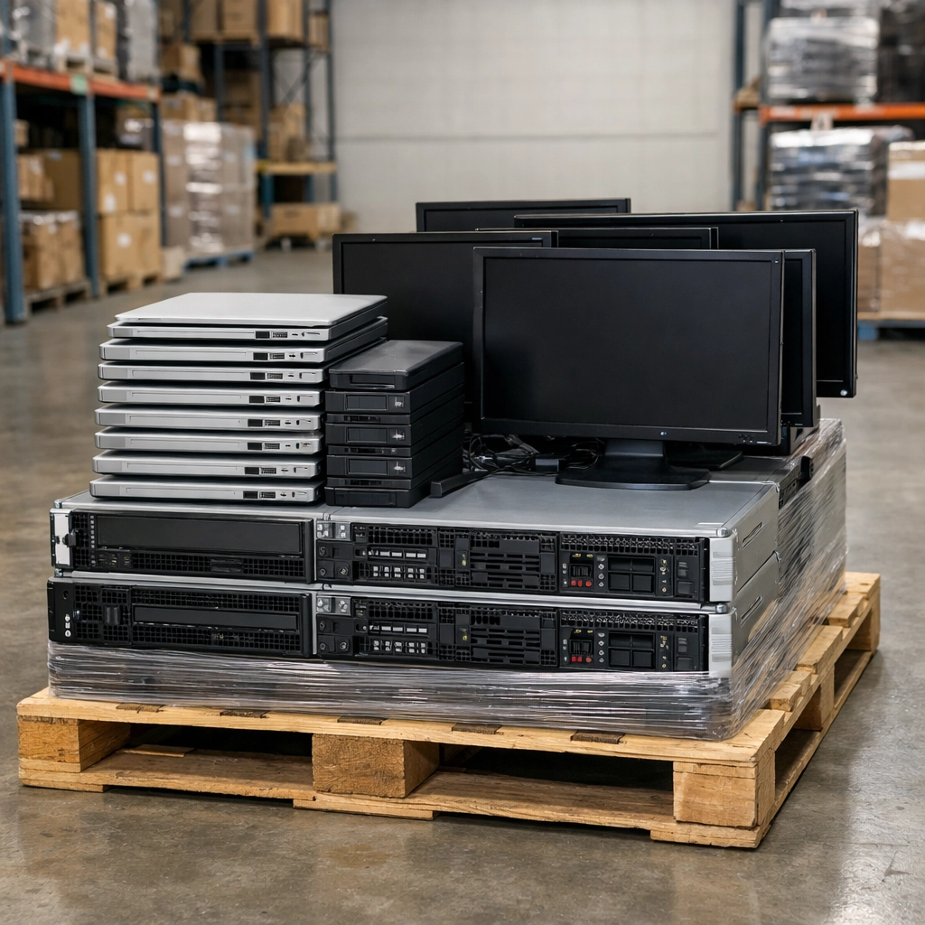 A pallet of old business laptops, monitors, and servers organized for professional e-waste collection.