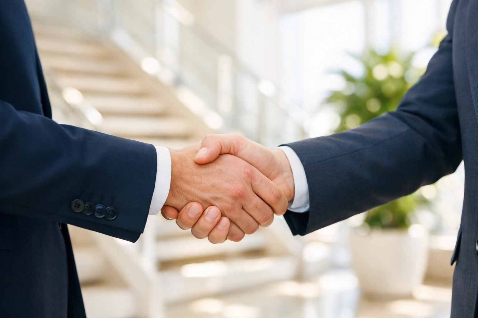 Business professionals shaking hands after securing equipment financing for company expansion.