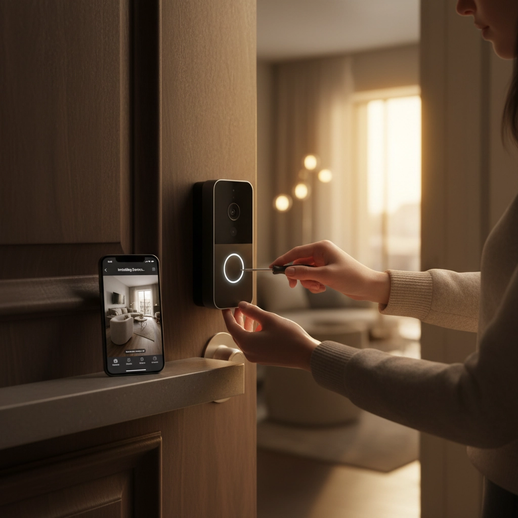 Picture of the arms of a woman programming her home security system; her opened phone sits nearby with the image of her living room, which you can see in the background. Entire picture are in muted tan tones. Safe at Home: Easy Security Upgrades for Women