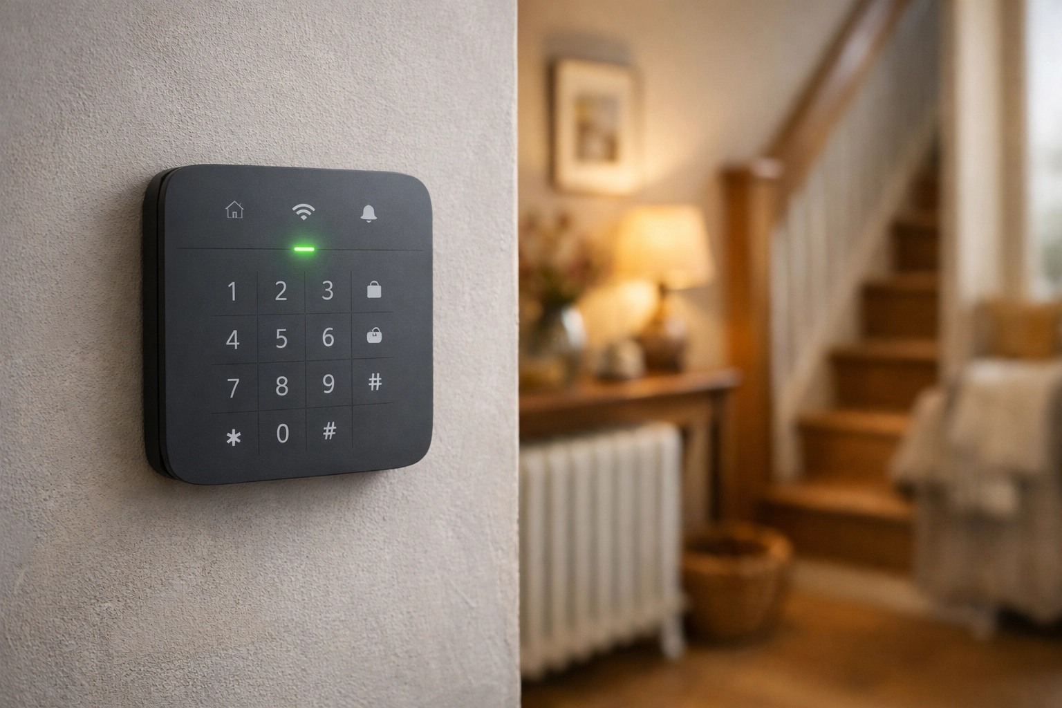 Modern home security systems featuring a wireless intruder alarm keypad in a British hallway.