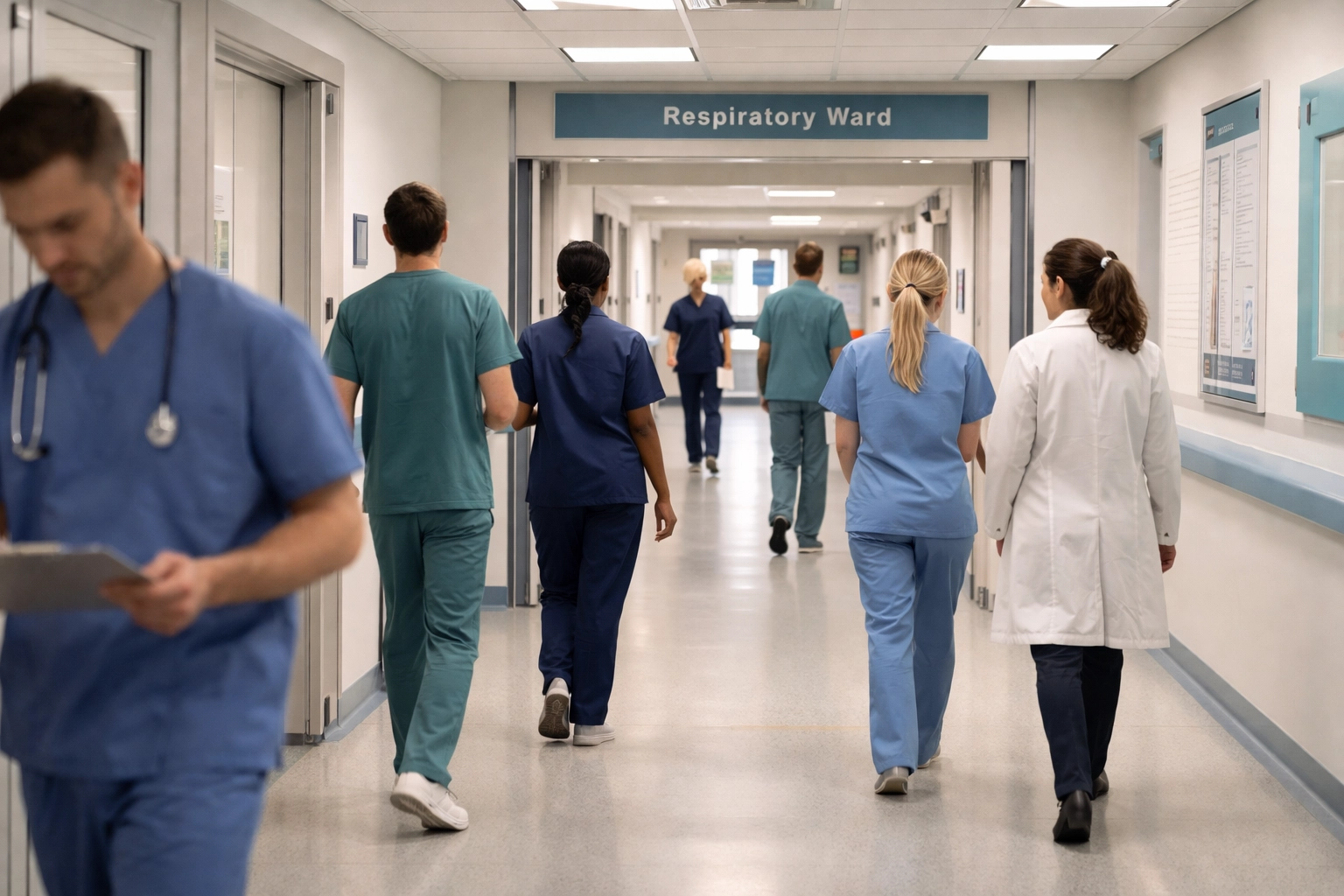 Busy NHS hospital corridor with healthcare workers near respiratory ward entrance