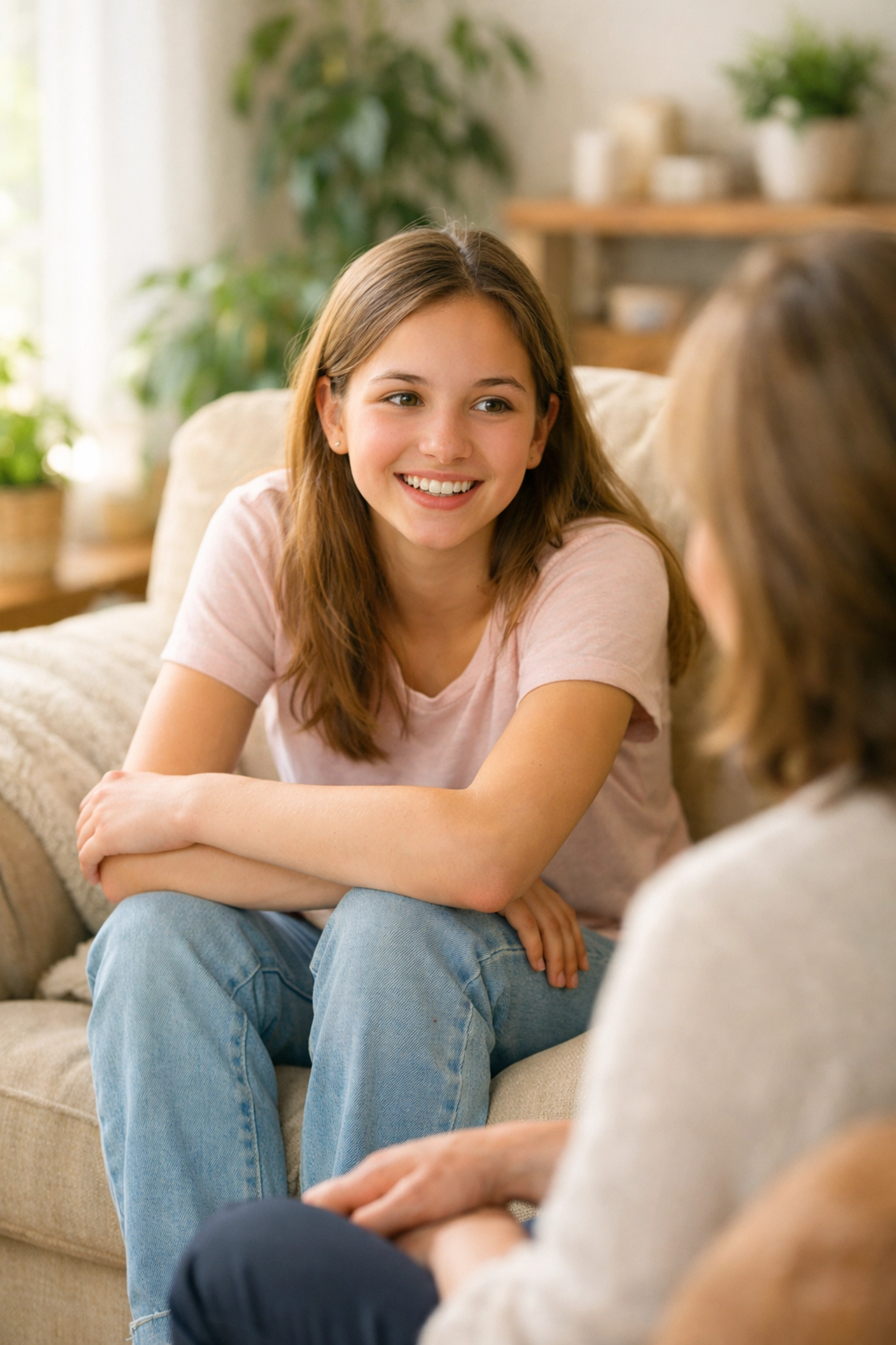 A teenage girl smiles while connecting with a mentor in a trauma informed residential care program.
